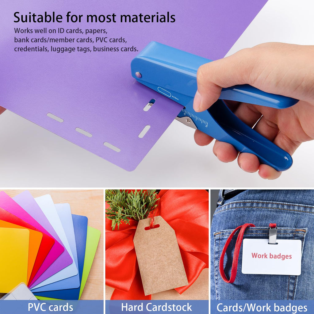 IMLIKE Handheld Badge Slot Hole Punch: Metal Card Punch with Garbage Collector, 19/32" x 5/32" Hole, Blue, Modern Style