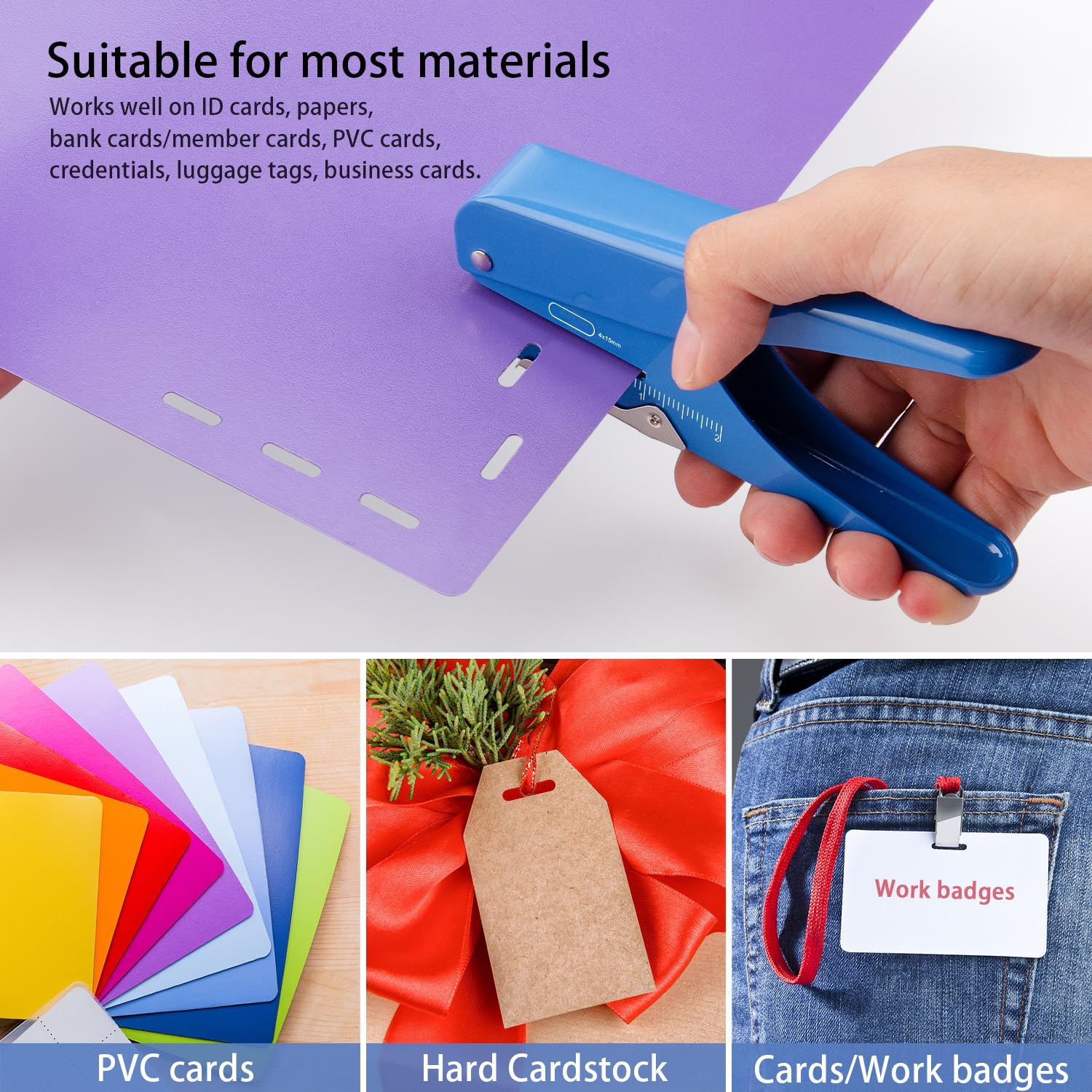 IMLIKE Handheld Badge Slot Hole Punch: Metal Card Punch with Garbage Collector, 19/32" x 5/32" Hole, Blue, Modern Style