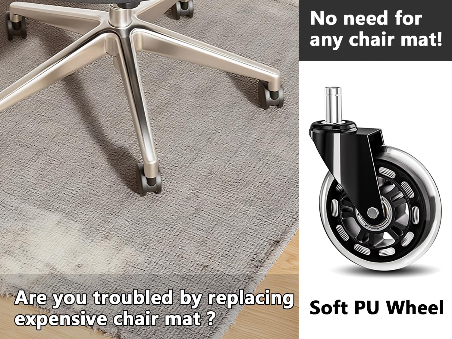 TESUMI Office Chair Wheels 3" Roller Blade Rubber Chair Casters Replacement, Heavy Duty Quiet No Scratch Gaming Chair Wheel for Hardwood Floor Carpet, Set of 5, 11mm Universal Fit/Not for 1KEA
