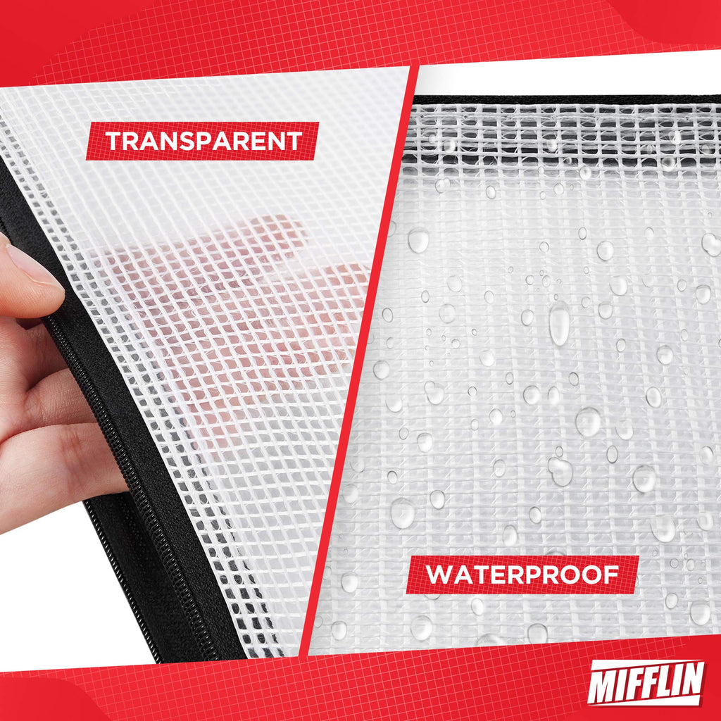 Mifflin Mesh Zipper Pouch Document Bag (Black, A4 Letter Size, 50 Pack), Clear Travel Zipper Bags, Waterproof Plastic Pouches, Large (L) Zip Pouch