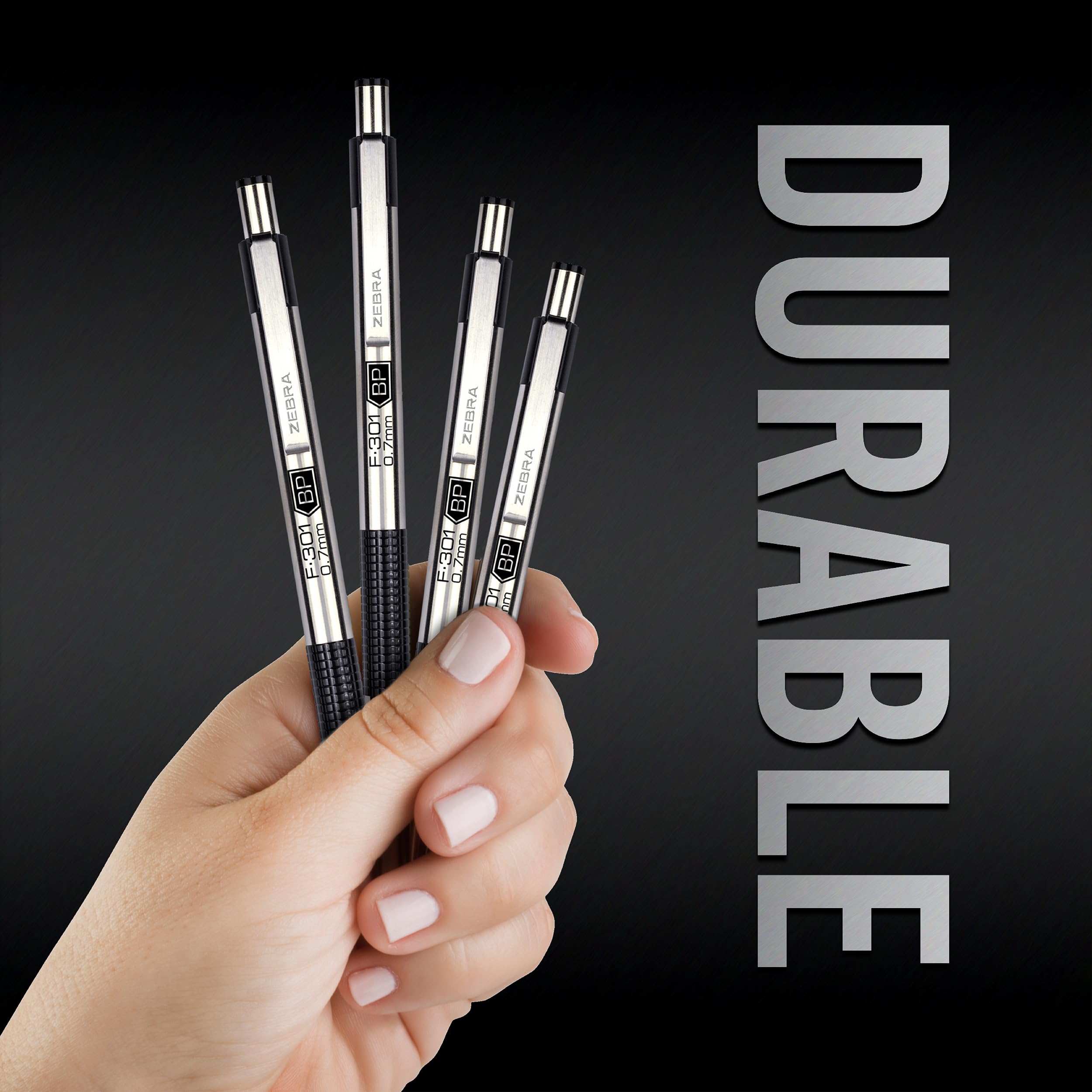 Zebra Pen F-301 Ballpoint Black Ink Fine Point 0.7mm Pen, Easy-Glide Ink, Stainless Steel Retractable, Non-Slip Grip, Professional Design, Ideal for Office, Journal and Planner Use, 12-Pack (27110)