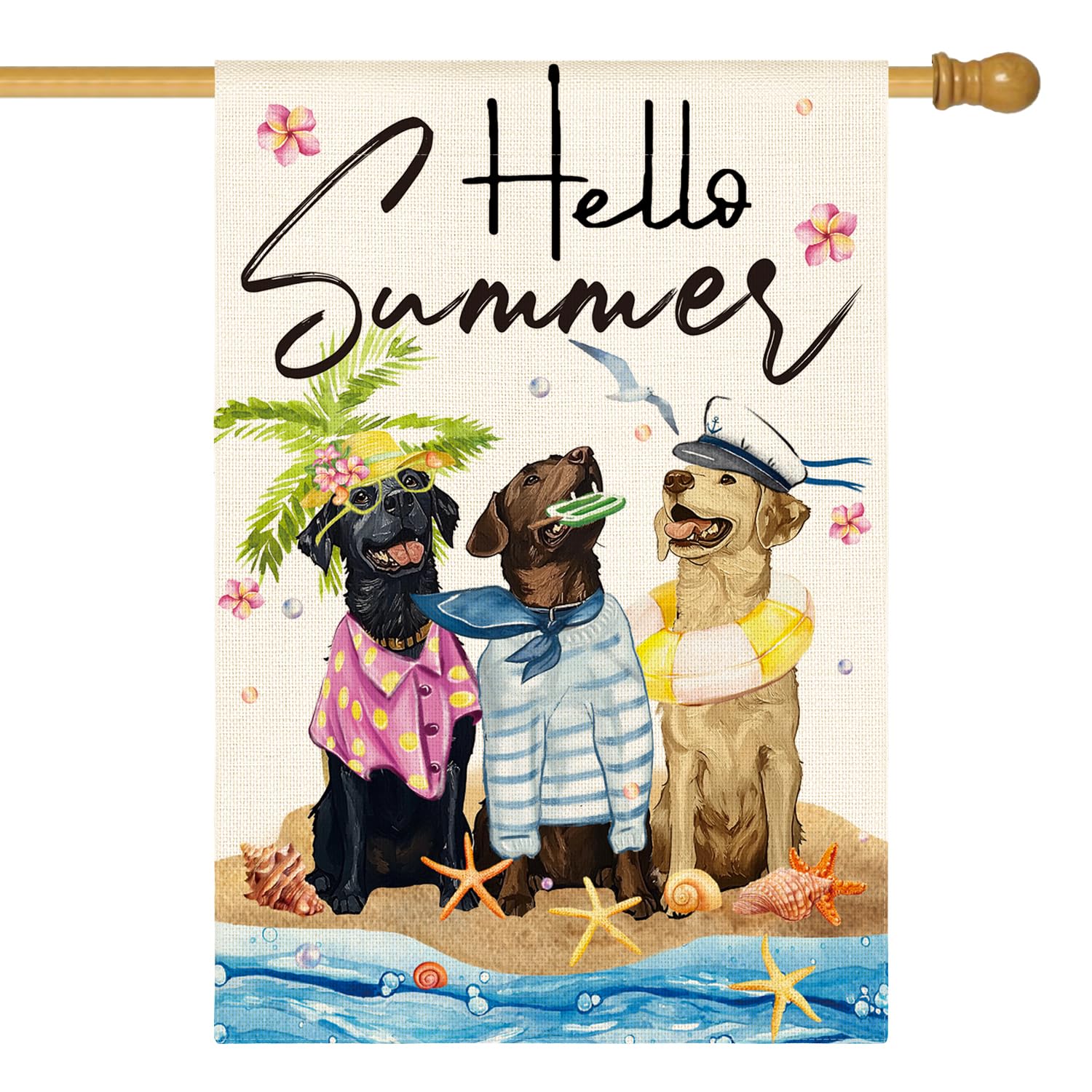 AVOIN colorlife Hello Summer Sea Beach Dogs House Flag 28x40 Inch Double Sided Outside, Floral Starfish Seasonal Holiday Yard Outdoor Decoration