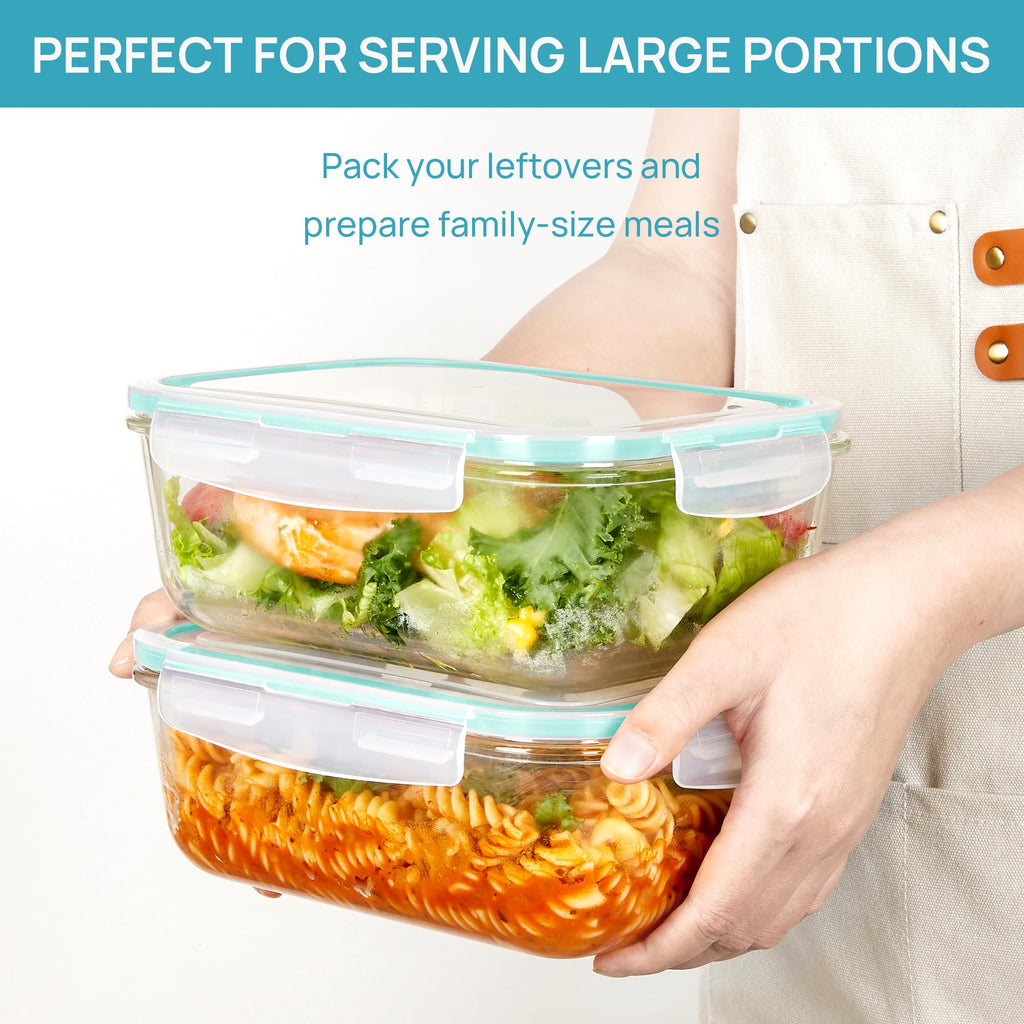 Vtopmart 2Pack 1860ml/63oz Large Glass Storage Containers with Lids, Meal Prep Food Container Set with Snap Airtight Lid for Baking, Microwave, Oven, Leak Proof, for Freezer, Dishwasher, Green