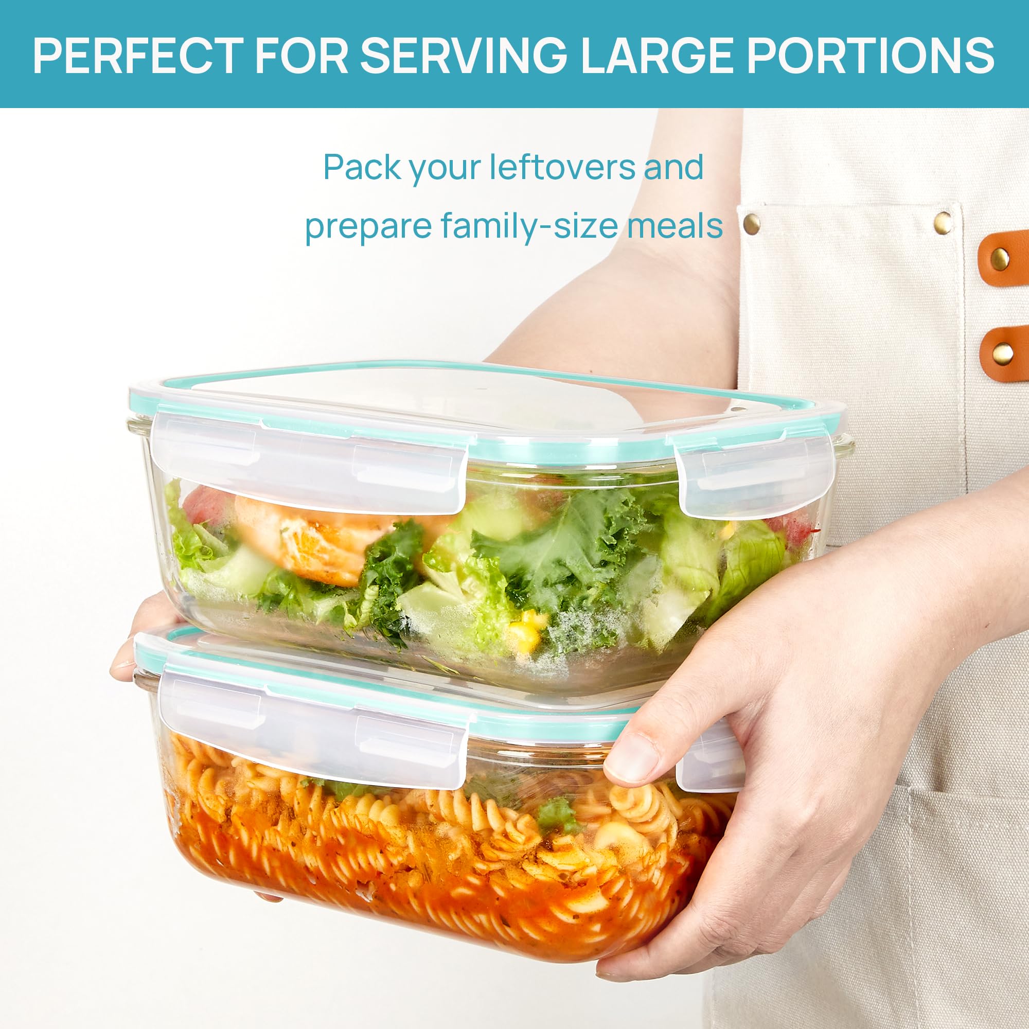 Vtopmart 2Pack 1860ml/63oz Large Glass Storage Containers with Lids, Meal Prep Food Container Set with Snap Airtight Lid for Baking, Microwave, Oven, Leak Proof, for Freezer, Dishwasher, Green