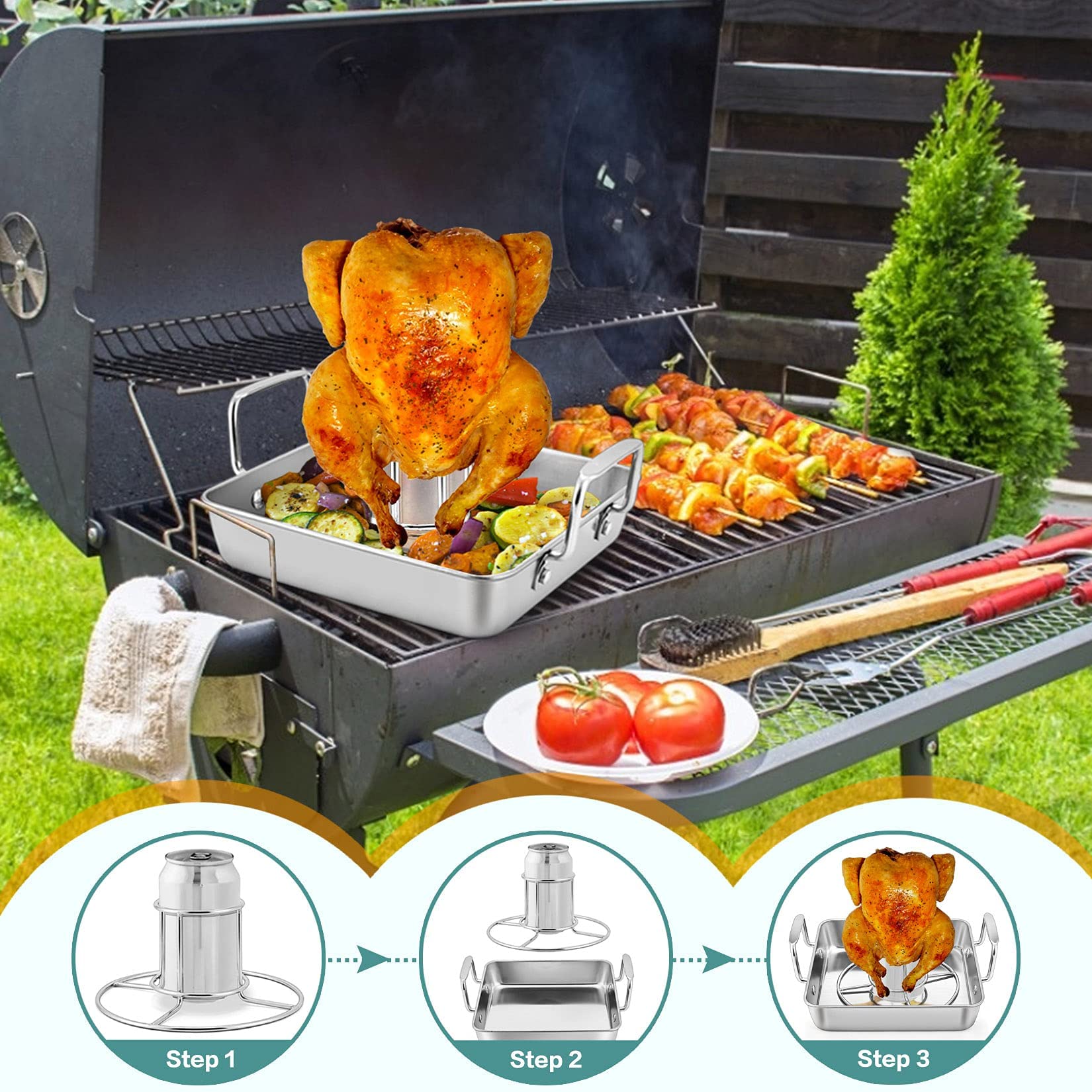 P&P CHEF Beer Can Chicken Holder with Roasting Pan Set, 9-inch Stainless Steel Square Baking Pan and Chicken Rack For Grilling, Heavy Duty & Dishwasher Safe, 4Pcs