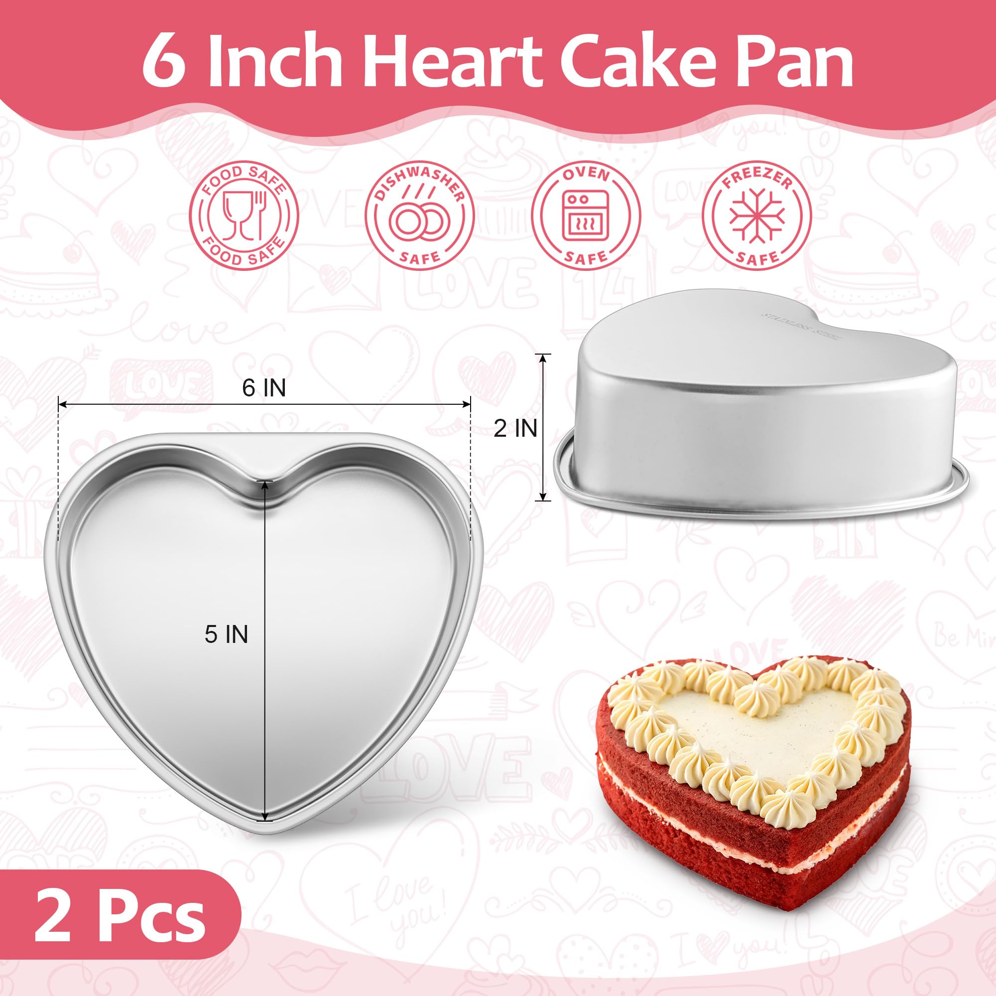 E-far 6 Inch Heart Cake Pan, 2Pcs Stainless Steel Small Heart Shaped Cake Mold, Cake Tin Baking Pan for Valentine's Day Anniversaries Wedding, Non-Toxic & Dishwasher Safe