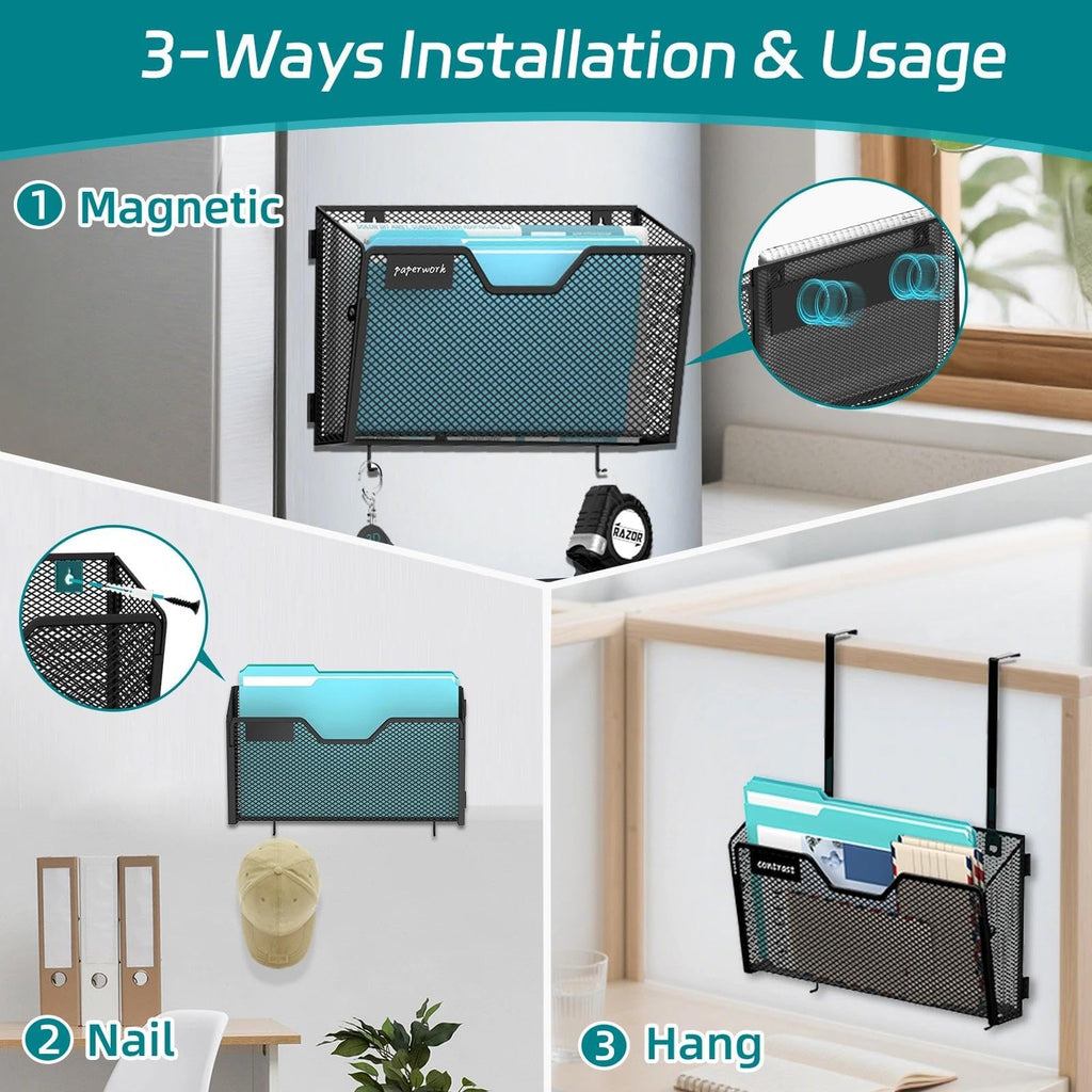 Reeplan 3 Pack Magnetic File Holder Wall File Organizer with Label Panel and 2 Hooks Magnetic Paper Mail Holder for File Office, Cabinets and Whiteboard, Black