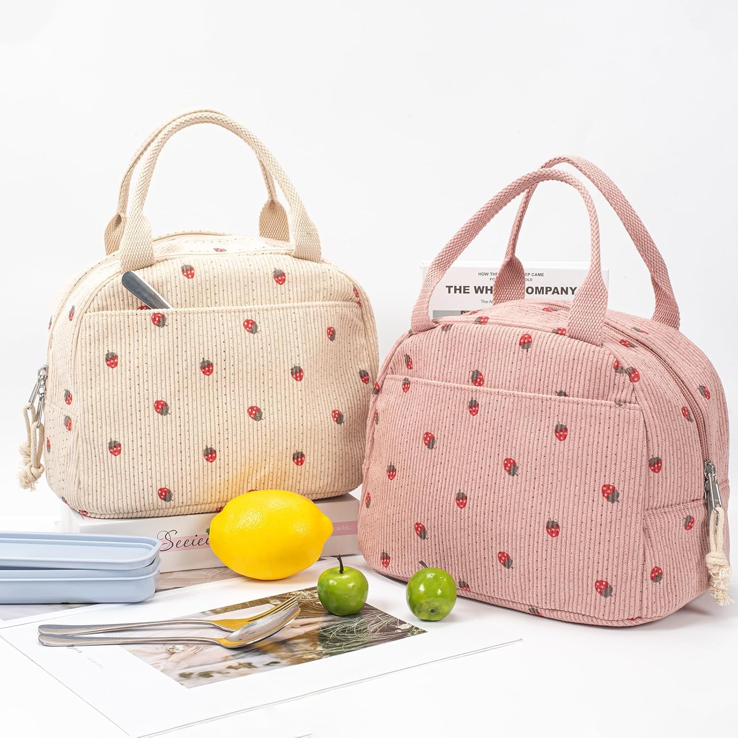 Lunch Bags for Women, Cute Stawberry Corduroy Lunch Bag, Insulated Lunch Box Boite a Lunch Femme Cooler Tote Bags, Leakproof Womens Lunch Bag for Work School Travel Picnic (Beige)