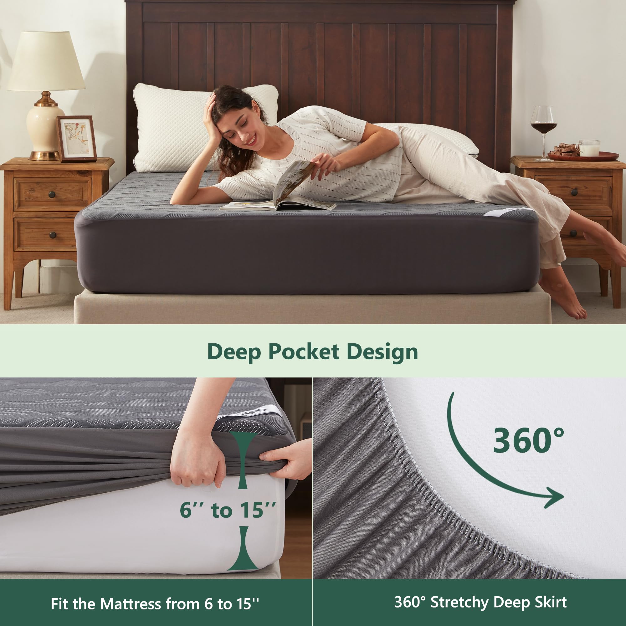 Queen Size 100% Waterproof Mattress Protector, Mattress Pad Cover 3D Air Fabric, Noiseless & Breathable Mattress Pad Fitted Style with Stretchable Pockets,Ultra Soft & Machine Washable (Carbon Gray)