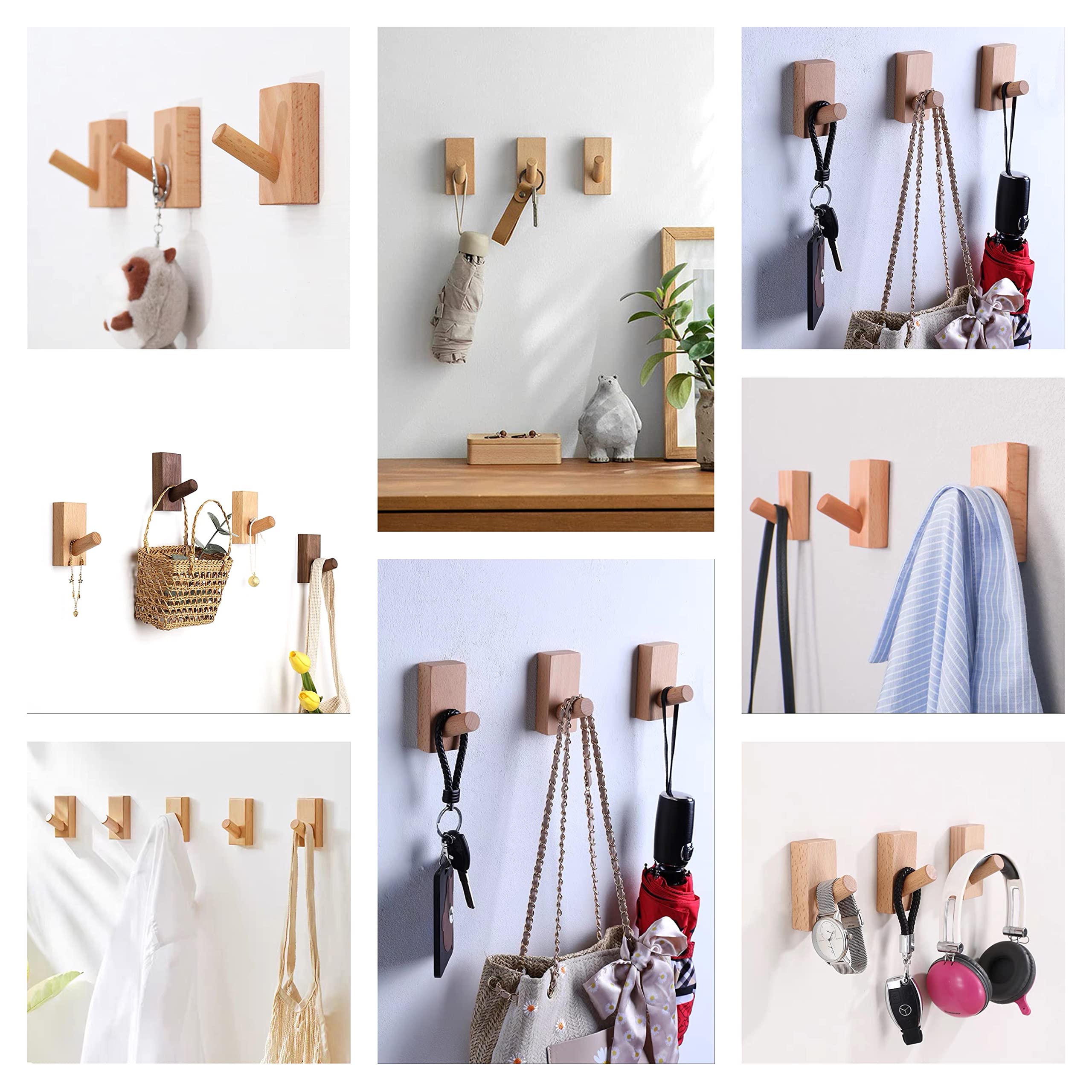 HomeDo 4Pack Wood Wall Hooks, Adhesive Hooks Hat Hook, Wooden Coat Hooks Wall Mounted, Entryway Hat Rack, Decorative Hooks Single Organizer Hat Hanger Towel Rack Hook (Rectangle-Beech-4Pack)