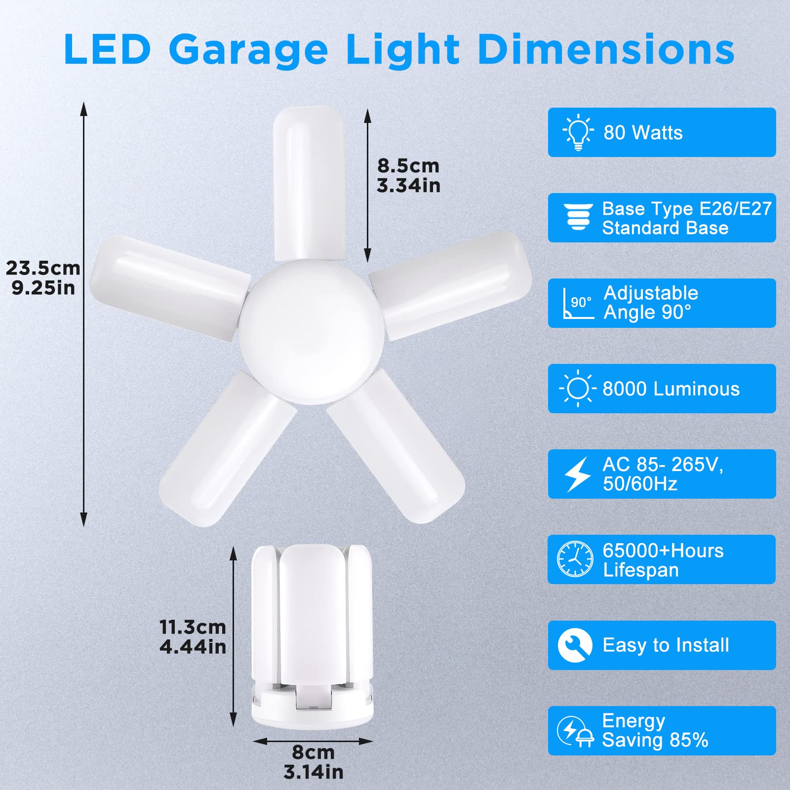 Kofarrten LED Garage Lights, 80W LED Garage Ceiling Lights with 5 Deformable Panels, 8000LM LED Shop Lights for Garages E26/E27 LED Light Bulbs for Garage Ceiling, Workshop, Warehouse (2 Packs)