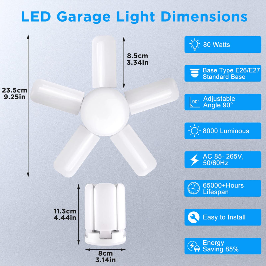 Kofarrten LED Garage Lights, Super Bright 8000 LM Garage Light Bulbs, 6500K Garage Ceiling Lights with Deformable Panels for E26/E27 Base, 80W LED Shop Lights for Garage, Workshop, Warehouse (2 Packs)
