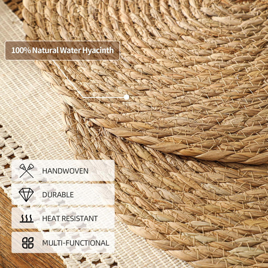 Round Woven Placemats Set of 6, 13.5 inch Boho Rattan Chargers for Dinner Plates, Rustic Wicker Place Mats, Hand-Woven from Natural Hyacinth, for Dining Table, Farmhouse, and Thanksgiving