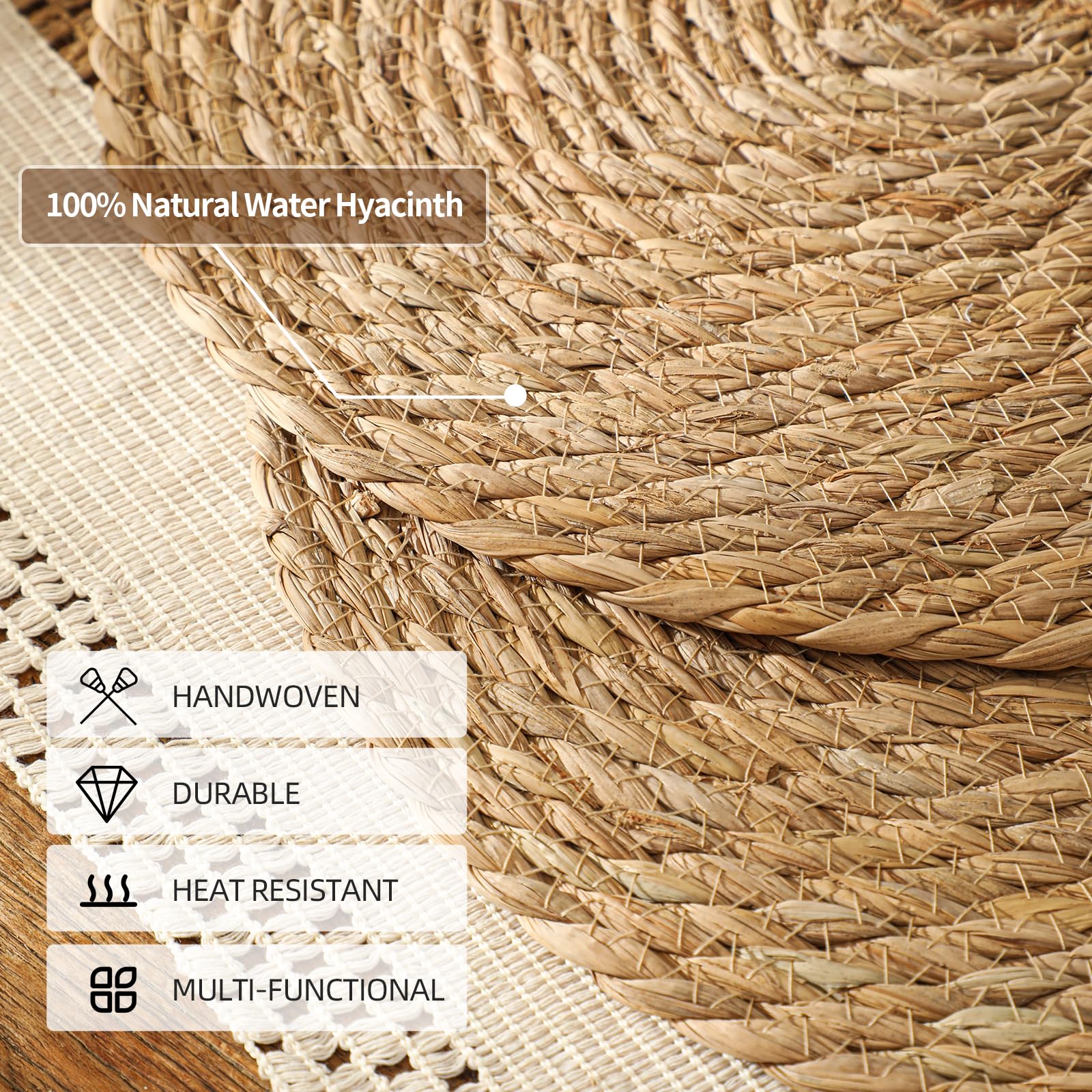 Round Woven Placemats Set of 6, 13.5 inch Boho Rattan Chargers for Dinner Plates, Rustic Wicker Place Mats, Hand-Woven from Natural Hyacinth, for Dining Table, Farmhouse, and Thanksgiving