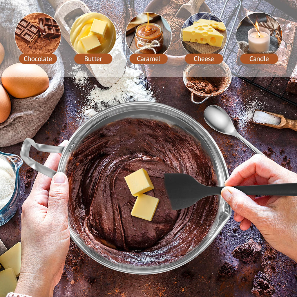 304 Stainless Steel Double Boiler Pot Set 2QT Chocolate Melting Bowl with Scale and Handle 2.6QT Dual-Handle Pot with Silicone Spatula and Spoon Stackable for Butter Chocolate Wax Sugar (A)