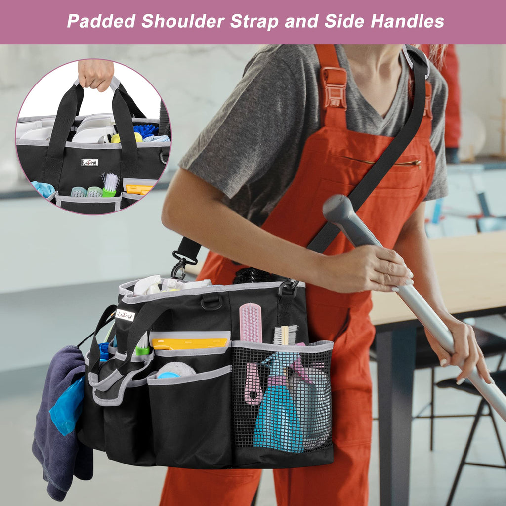 LoDird Cleaning Caddy Bag with 3 Compartments and Multifunctional Pockets, Cleaning Supplies Organizer for Cleaning Work with Handle and Shoulder Strap, Gray
