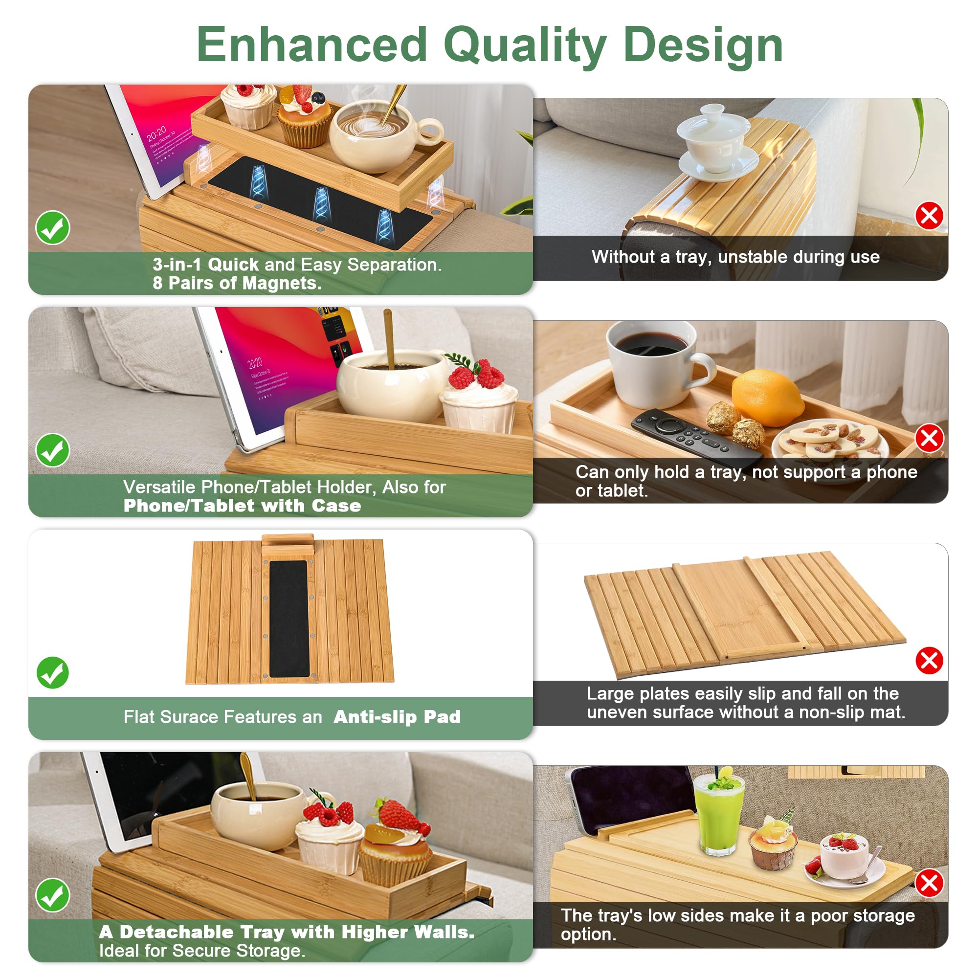Joy&Grace Couch Arm Tray, 3-in-1 Magnetic Detachable Sofa Arm Table with Phone and Tablet Holder Bamboo Couch Cup Holder, Foldable Sofa Armrest Tray for Eating, Drinks, Phones (Natural)