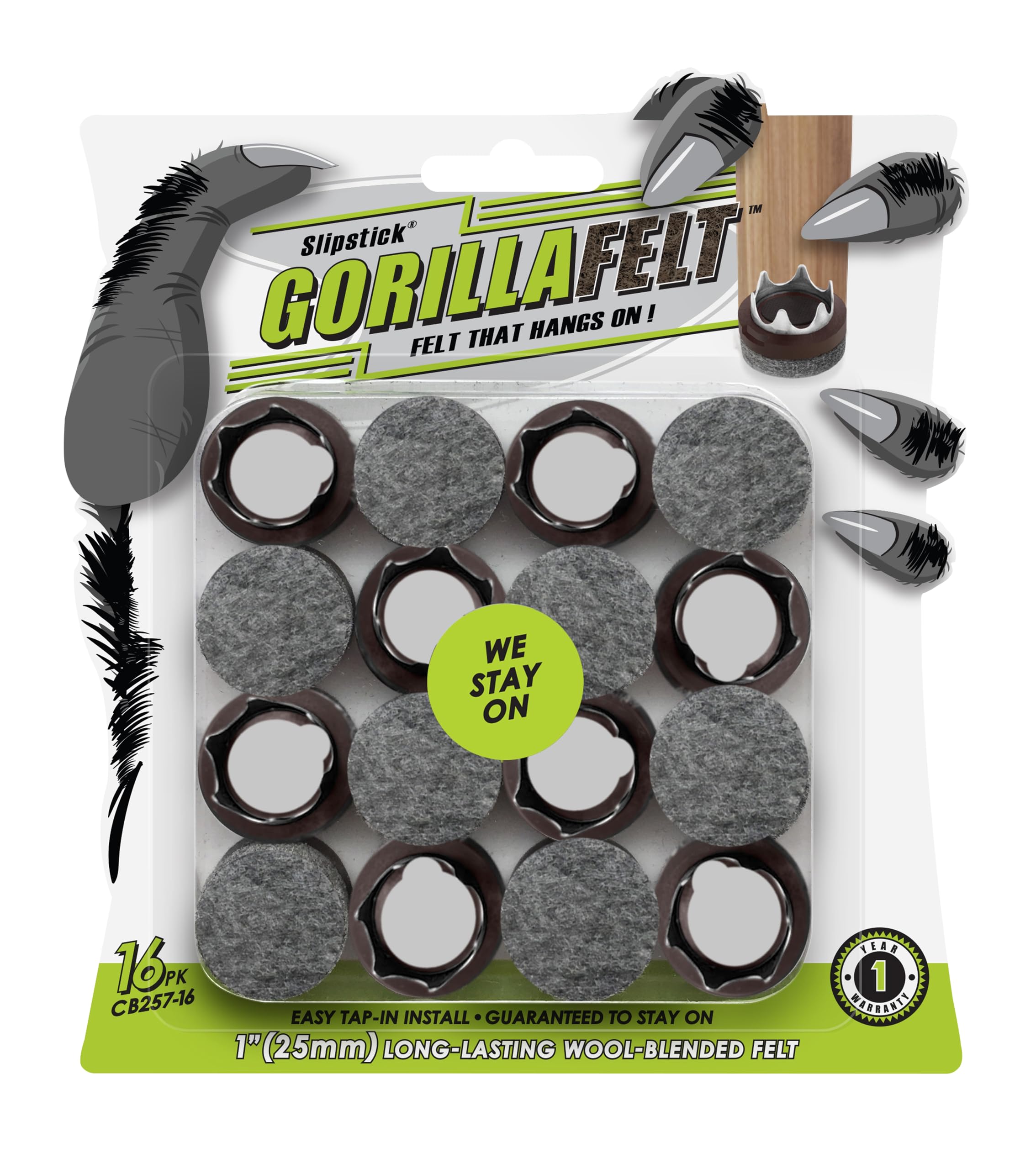 GorillaFelt 25mm Chair Leg Floor Protectors/Felt Glides (Set of 16) Tap-On Felt Furniture Pads Guaranteed to Stay On, 1 Inch Round Sliders (1 Inch)