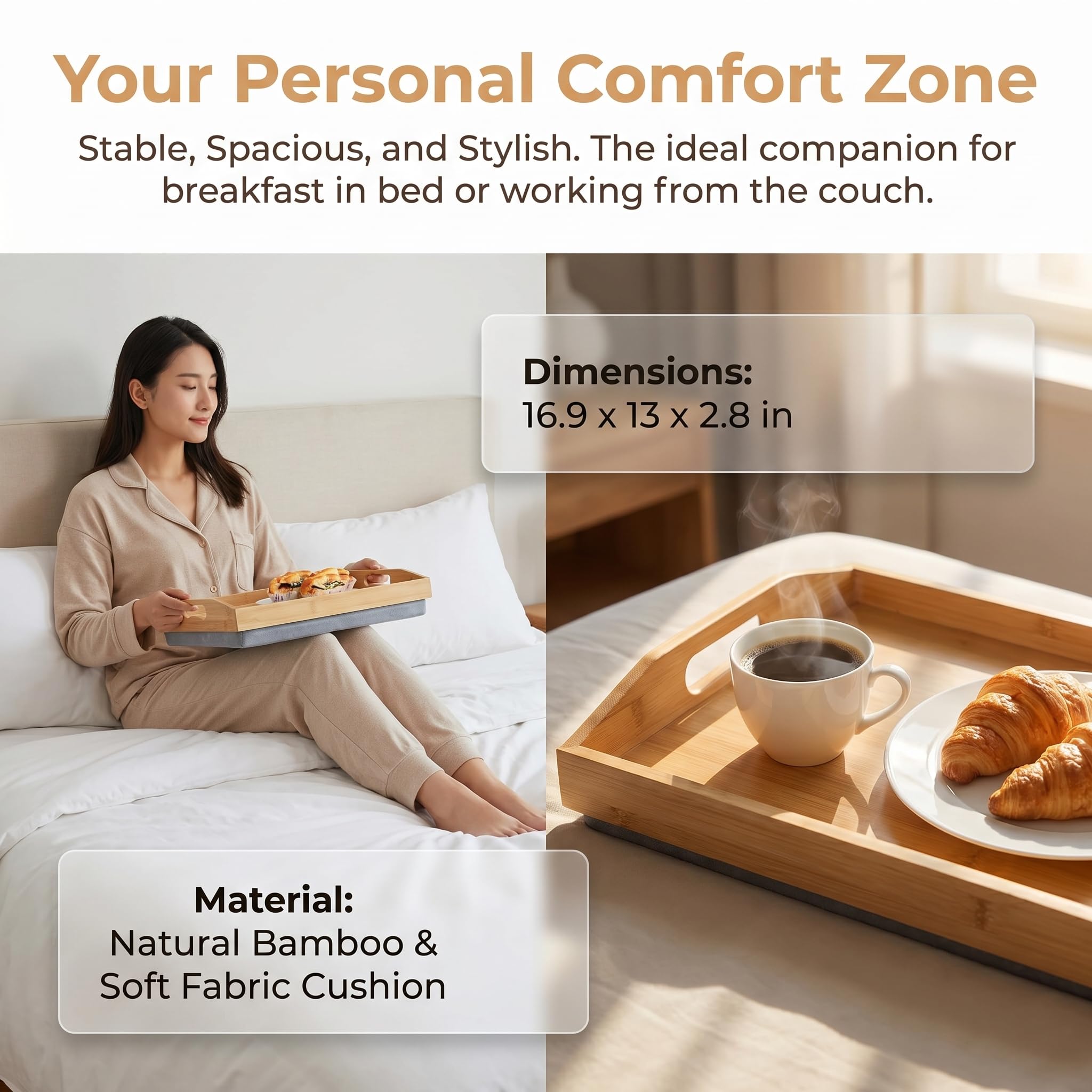 Cedilis Bamboo Lap Tray with Detachable Pillow, 16.9 x13 in Serving Tray with Handles, Bed Tray for Eating, Breakfast Tray, Dinner Food Trays