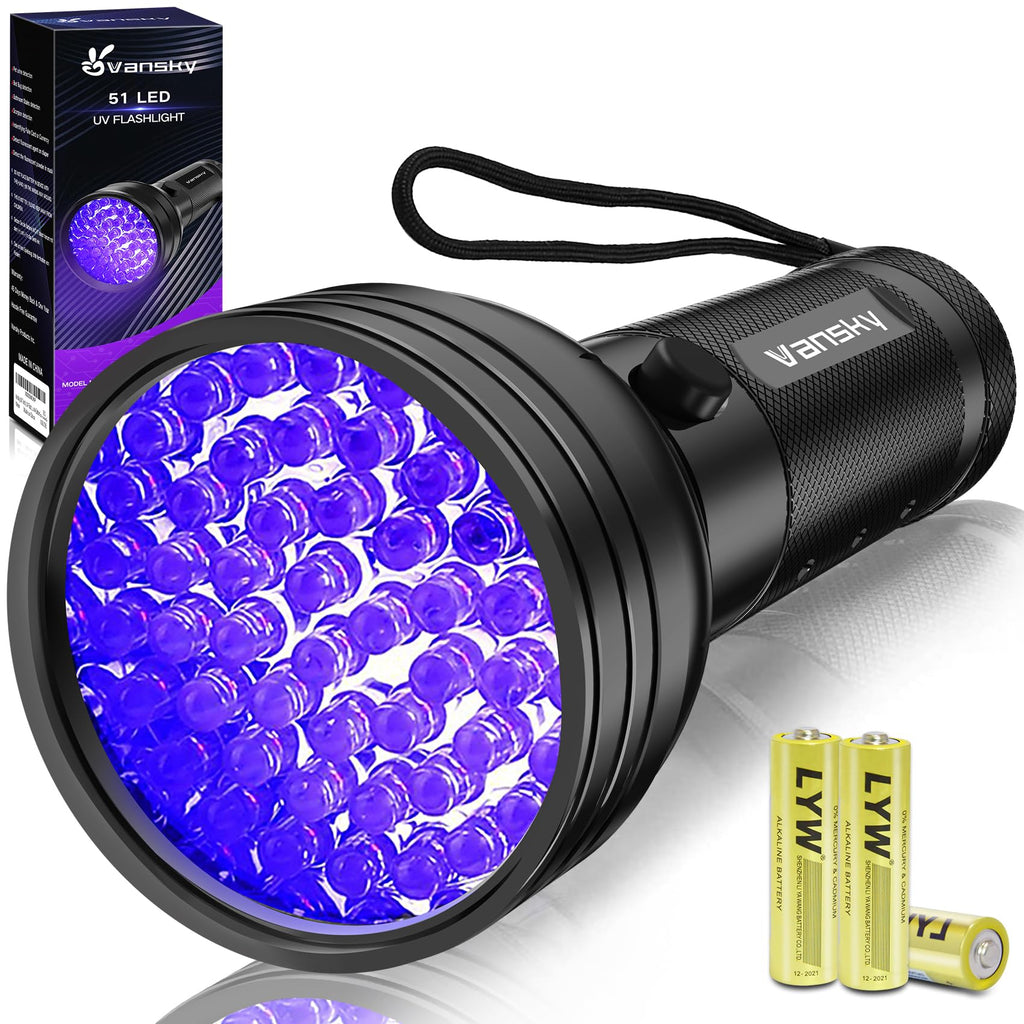 Black Light UV Flashlight, Vansky Upgraded 51 LED Ultraviolet Blacklight Pet Urine Detector for Dog/Cat Bed Bug (Batteries are included)