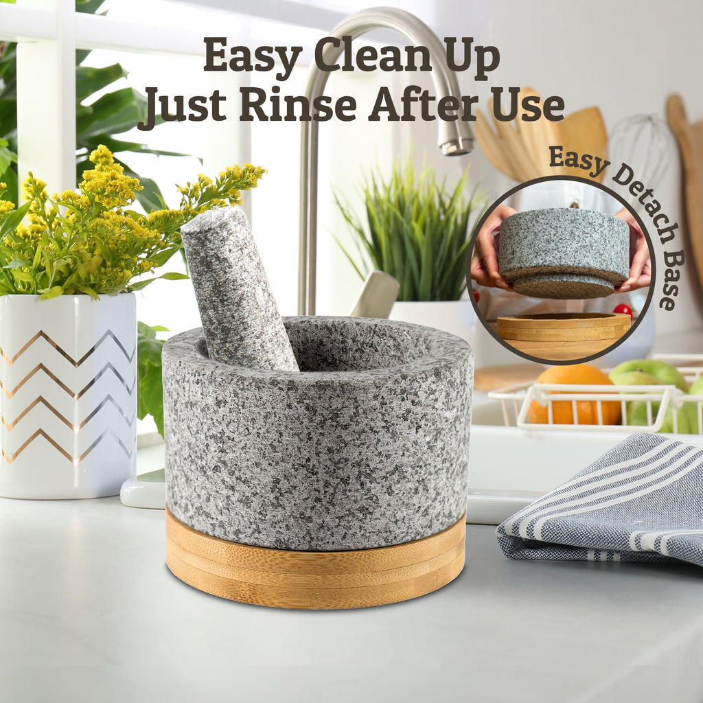 Heavy Duty Mortar and Pestle Set with Bamboo Base, Large 2 Cups, 100% Natural Granite Mortar and Pestle Large Stone Grinder Bowl, Molcajete Bowl, Masher Guacamole Bowls, Unpolished Grey