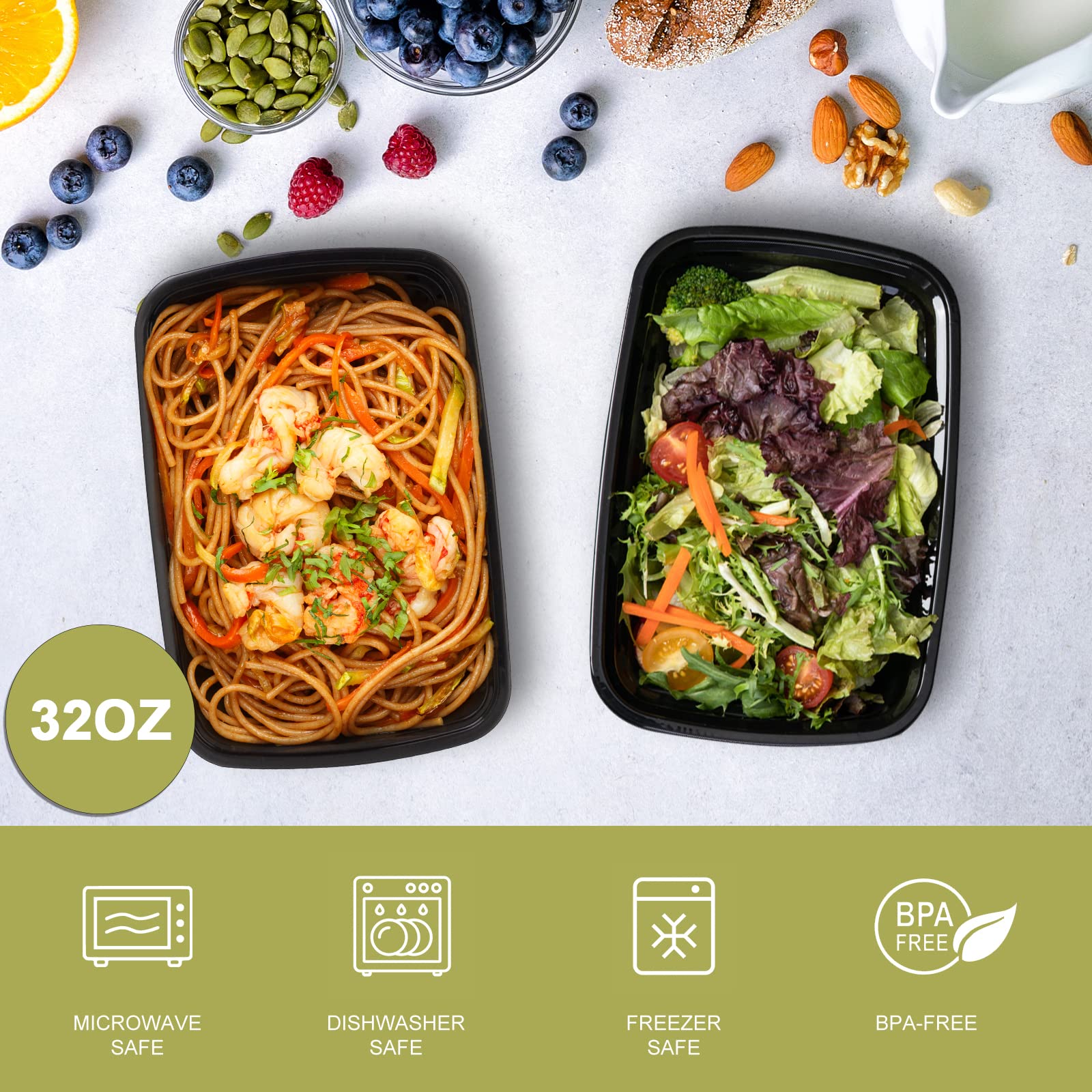 Ezalia 50 Pack- Meal Prep Containers 32oz, Plastic Food Prep Containers with Lids, Leakproof to Go Container with Lids Reusable, BPA-Free, Microwave/Dishwasher/Freezer Safe