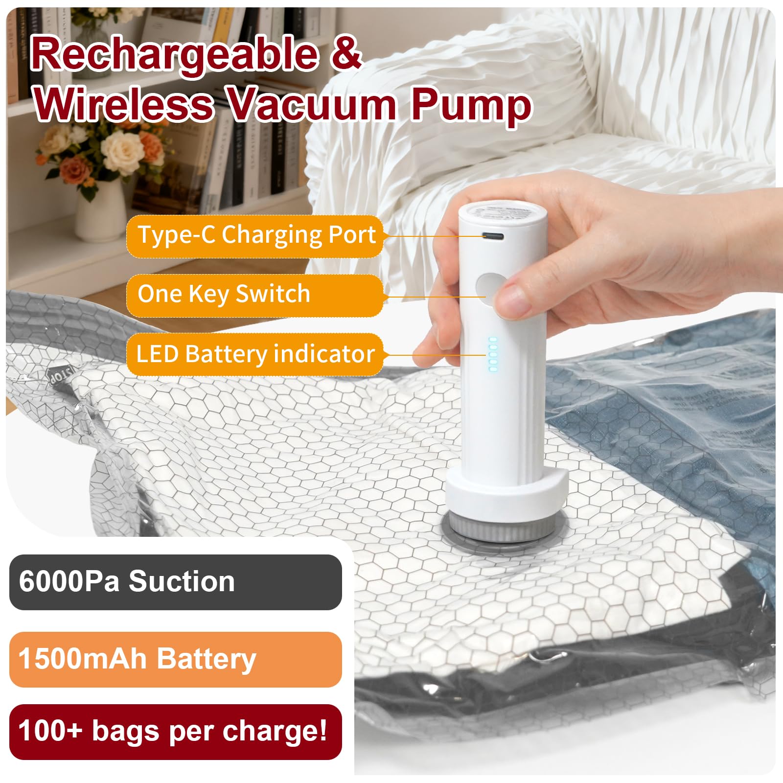 Teilybao Vacuum Storage Bags with Portable Electric Pump,Space Saver Sealer Bags, Airtight Compression Bags for Clothes, Pillows, Comforters, Blankets, Bedding(15 Pack)