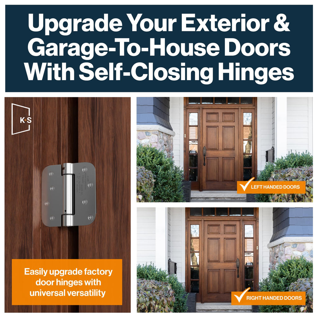 KS Hardware Mortise Spring Hinge | Automatic Self Closing Door Hinges with Complete Installation Hardware | 4" X 4" with 5/8" Radius Corners | 2 Pack, Satin Nickel Finish