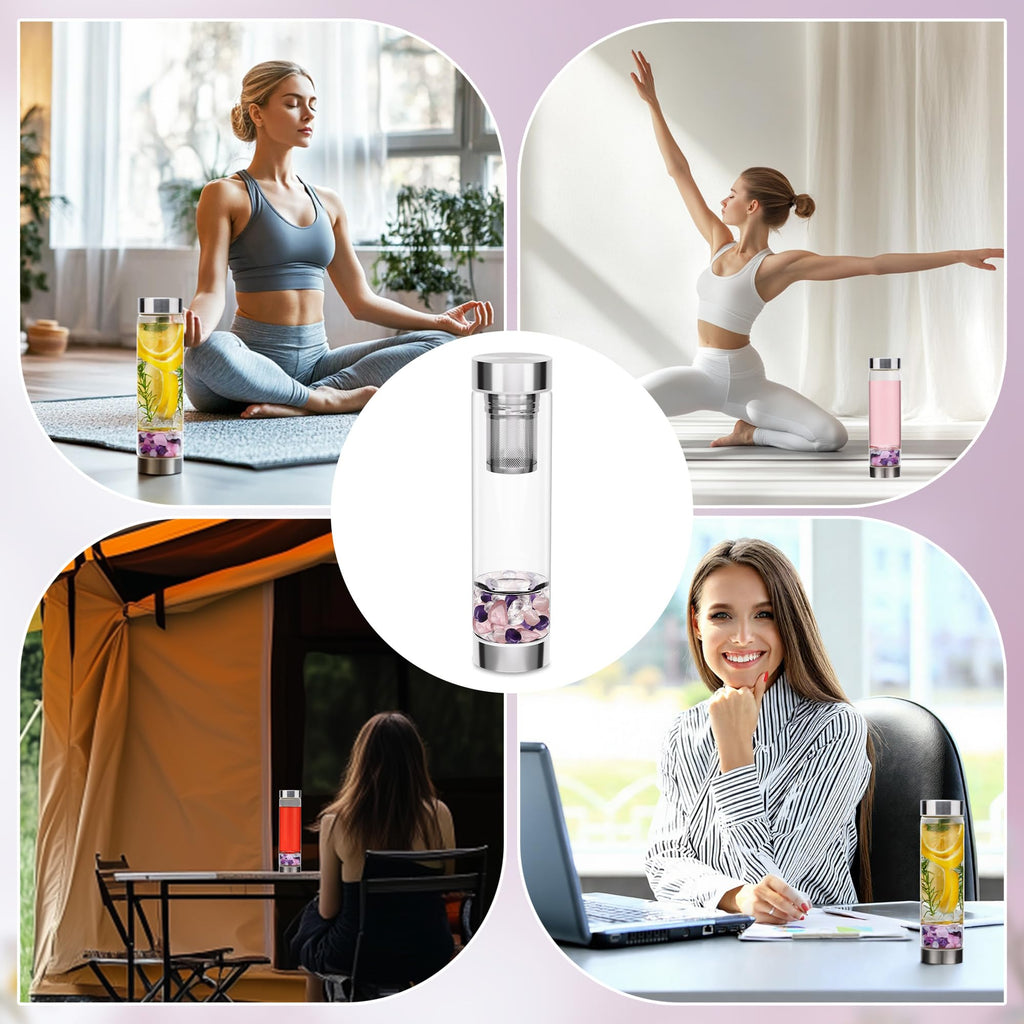 DiDiBirDi 500ml Crystal Water Bottle with Removable Strainer - Includes Amethyst & Rose Quartz Stones, for Tea Lovers
