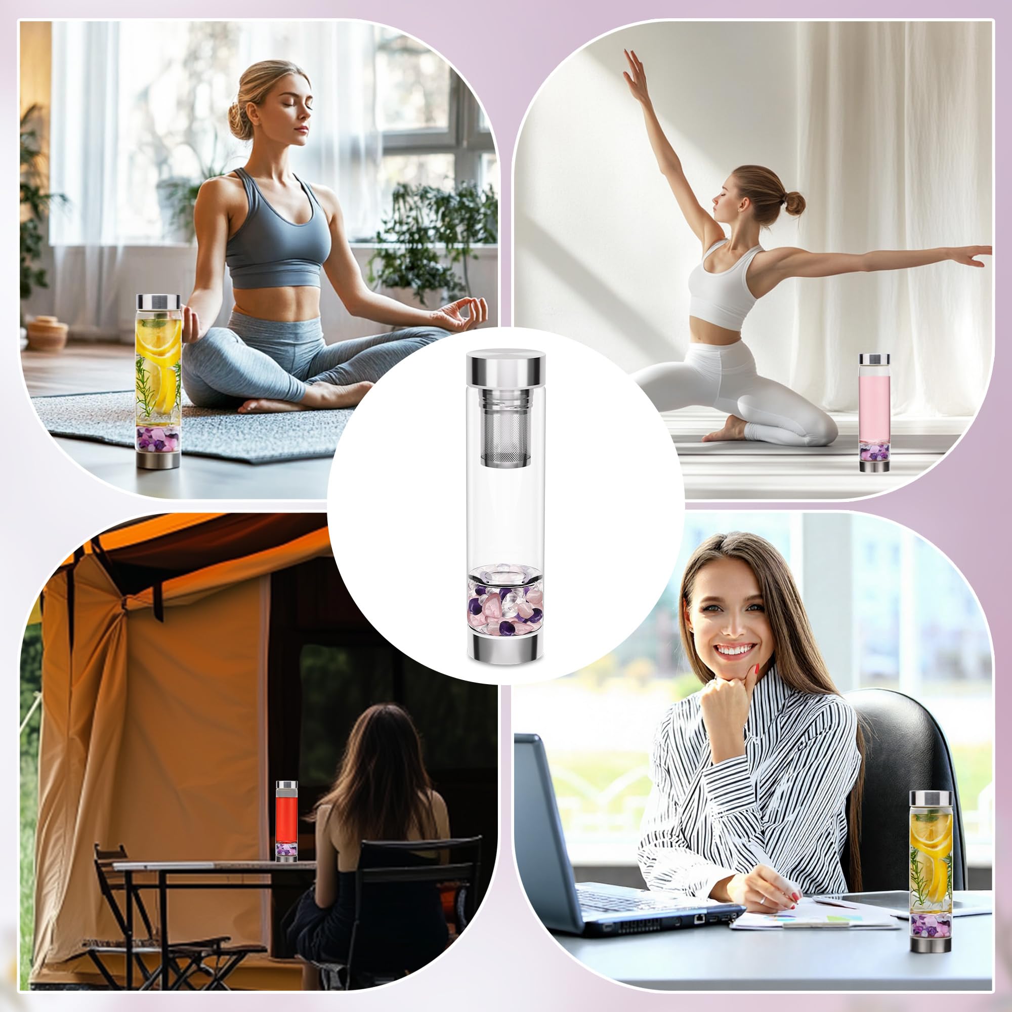 DiDiBirDi 500ml Crystal Water Bottle with Removable Strainer - Includes Amethyst & Rose Quartz Stones, for Tea Lovers
