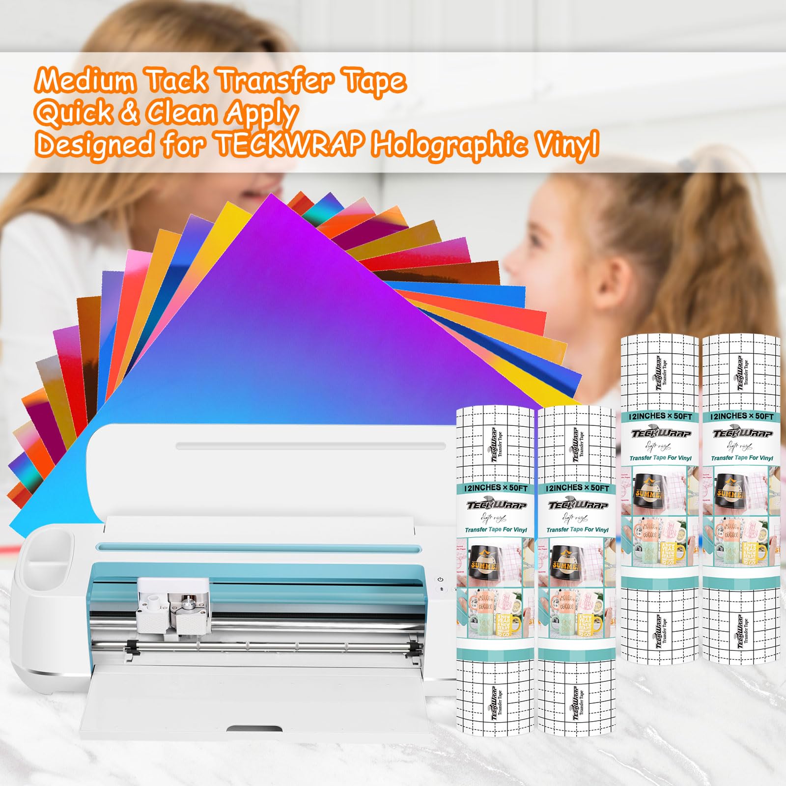 TECKWRAP Transfer Tape for Vinyl - 12" x 50 FT w/Black Alignment Grid Transfer Tape for Adhesive Vinyl - Medium Tack for Craft Decals,Signs, Windows, Stickers