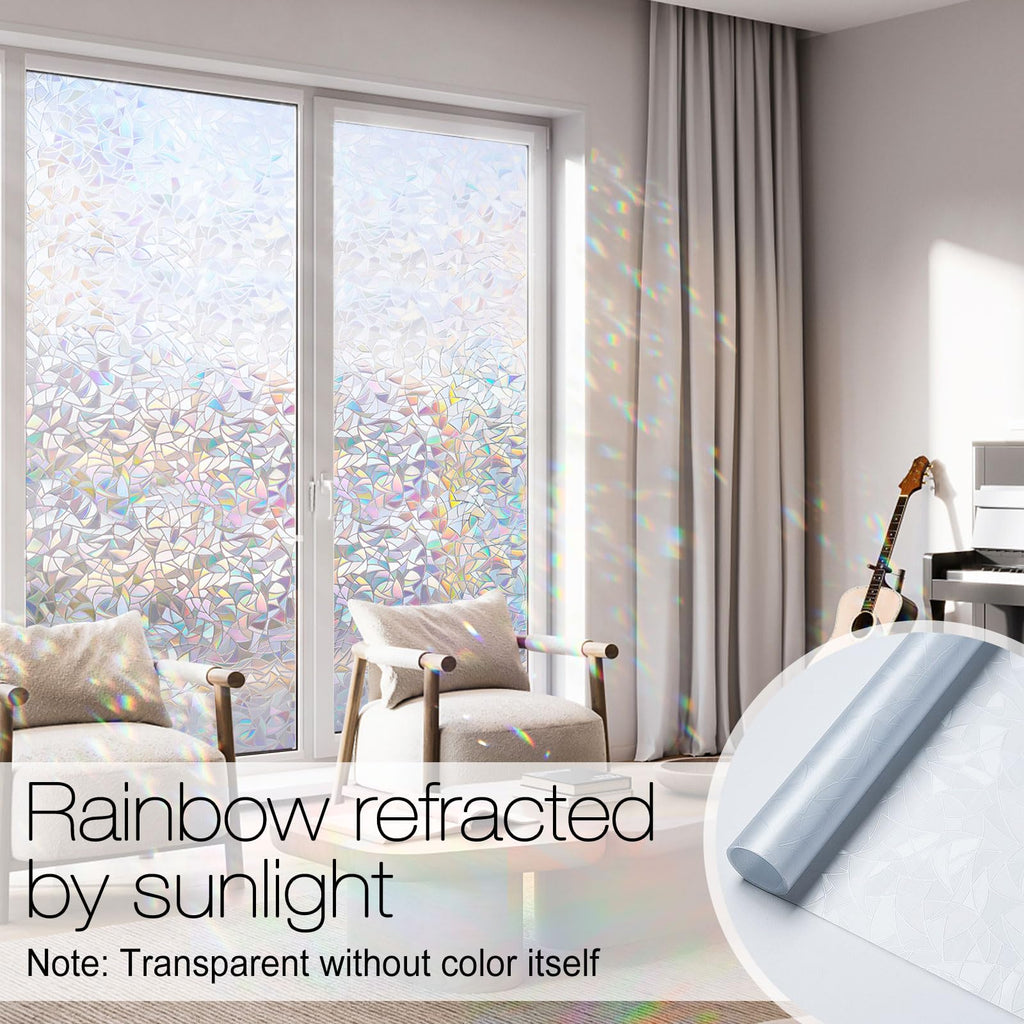 rabbitgoo Rainbow Window Films for Privacy, 3D No Glue Decorative Window Clings, UV Blocking Removable Stained Glass Tint Film, Privacy Glass Stickers for Home Office Door, 44.5X200cm