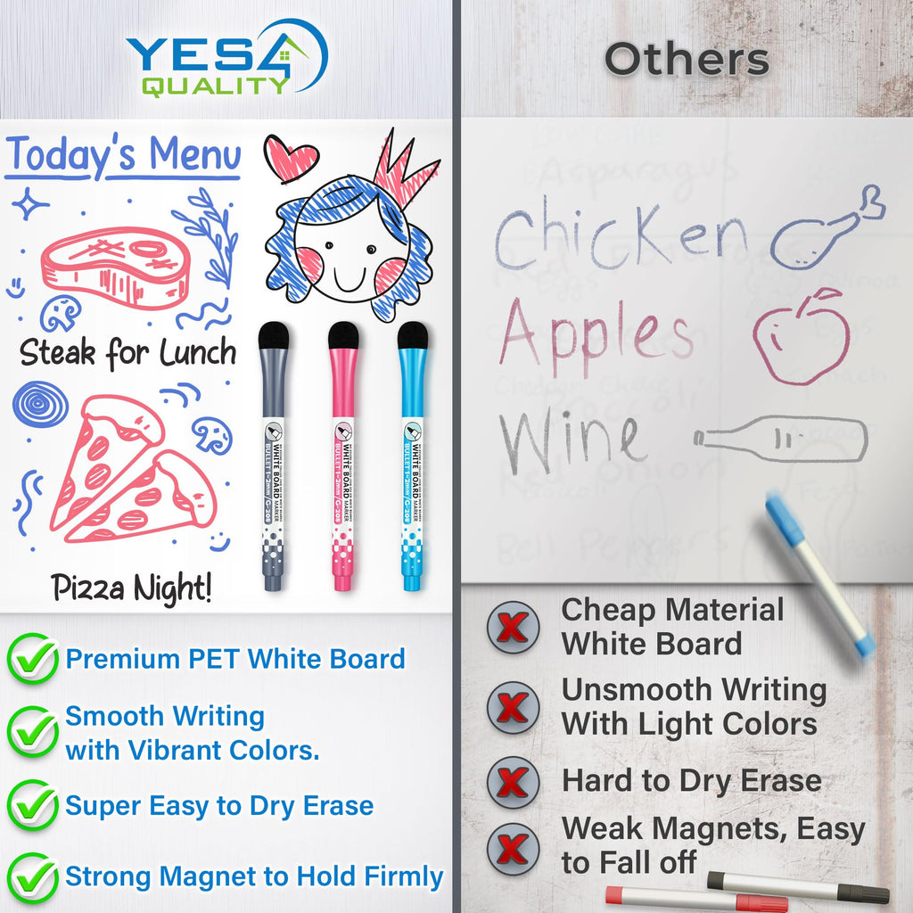 Extra Large Magnetic Dry Erase Whiteboard Sheet for Fridge - 63x40 cm - Stain-Resistant with 3 Markers & Big Eraser with Magnets - Refrigerator White Board Planner & Organiser - by Yes4Quality