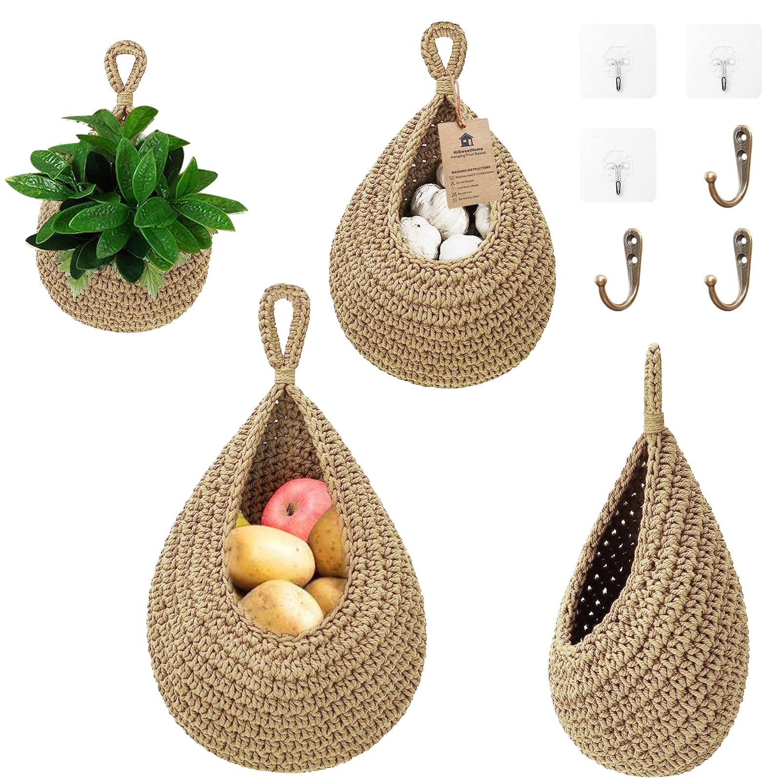 Teardrop Fruit Vegetable Baskets for kitchen, Boho Handwoven Wall Jute Hanging Basket Potato Garlic Onion Fruit Storage Handwoven Decorative Kitchen Organizer and Wall Planter Holder （3 Packs, Khaki）