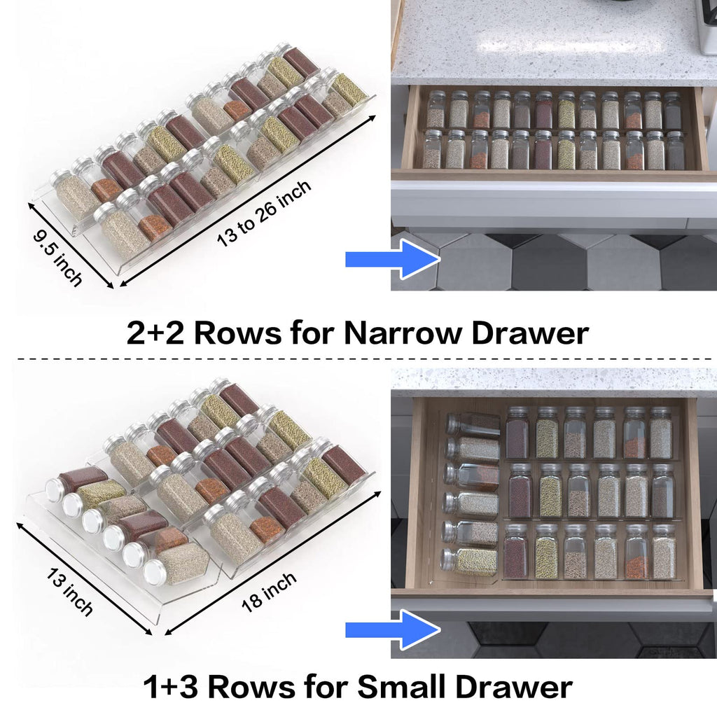 4 Pcs Spice Drawer Organizer, 1 Set 4 Tier Clear Acrylic Expandable In-Drawer Seasoning Jars Rack, Kitchen Drawer Spice Insert Tray for Cabinet/Countertop