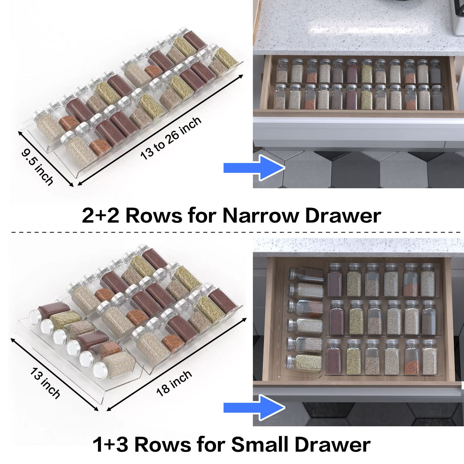 4 Pcs Spice Drawer Organizer, 1 Set 4 Tier Clear Acrylic Expandable In-Drawer Seasoning Jars Rack, Kitchen Drawer Spice Insert Tray for Cabinet/Countertop