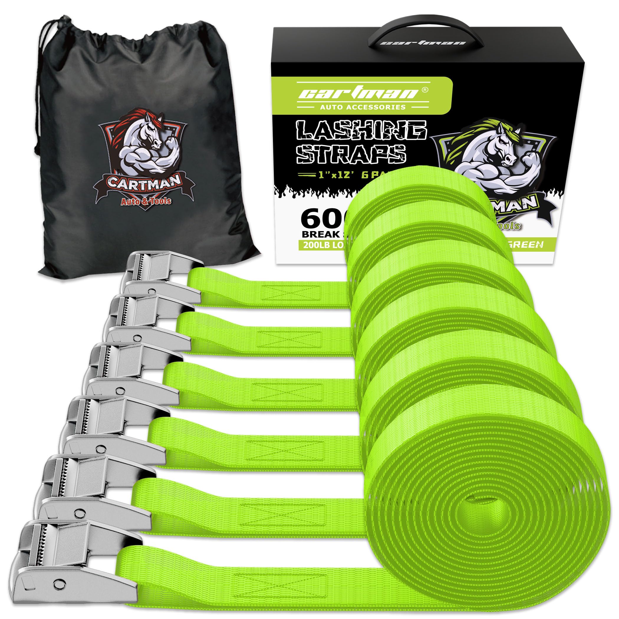Cartman Lashing Straps up to 600lbs, 6pk in Carry Bag, Green Color
