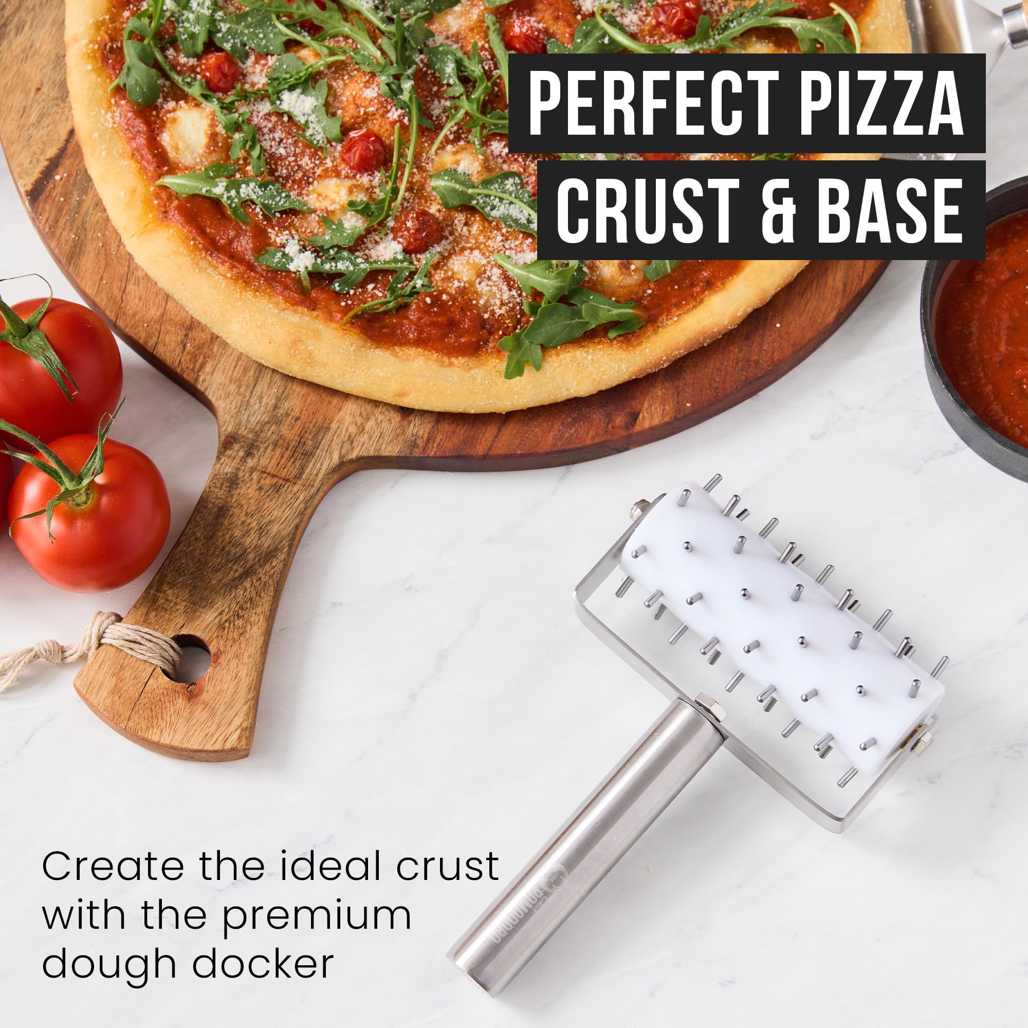 Chef Pomodoro Stainless Steel Pizza Dough Roller (21 x 14.5 cm, Spike Length 7 mm) - Premium Pizza Docker, Dough Docker, Pizzas Dough Docker, Pizza Docker Roller