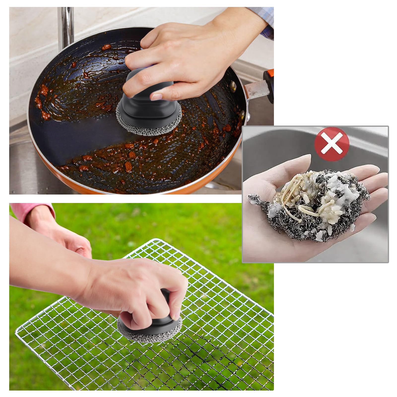 Upgraded Cast Iron Skillet Scrubber with Ergonomic Handle, Chain Mail Cleaning Scrubber for Cast Iron Pans Griddle Cleaning Brush with Pan Grill Scrapers