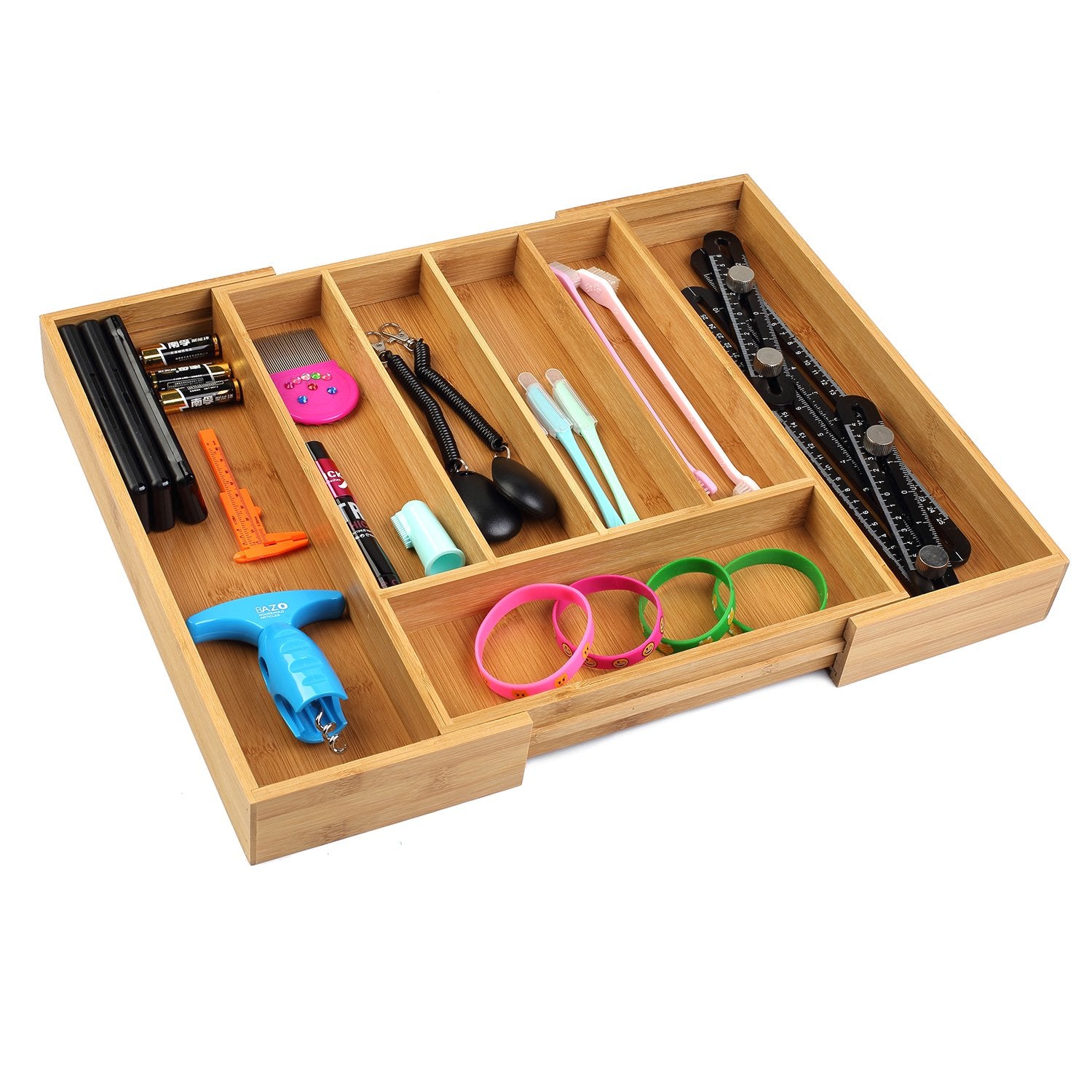 SafeHouseware Bamboo Expandable Cutlery Organizer Tray: Holds Silverware, Flatware, Utensils, Cutlery, Accessories or Gadgets Size:11.5" - 18" W X 15"d X 2" H