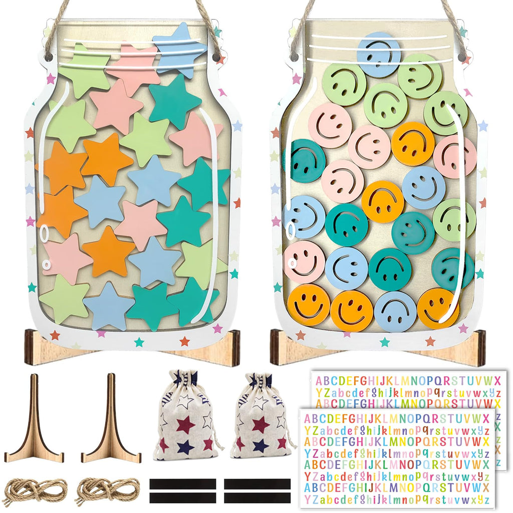 Rolzchoy 2 Pack Magnetic Reward Jar for Kids, Star and Smiley Face Reward Jar with Letter Sticker for Classroom Reward System, Toddler Potty Home Training, Incentive Behavior Management for Boy Girl