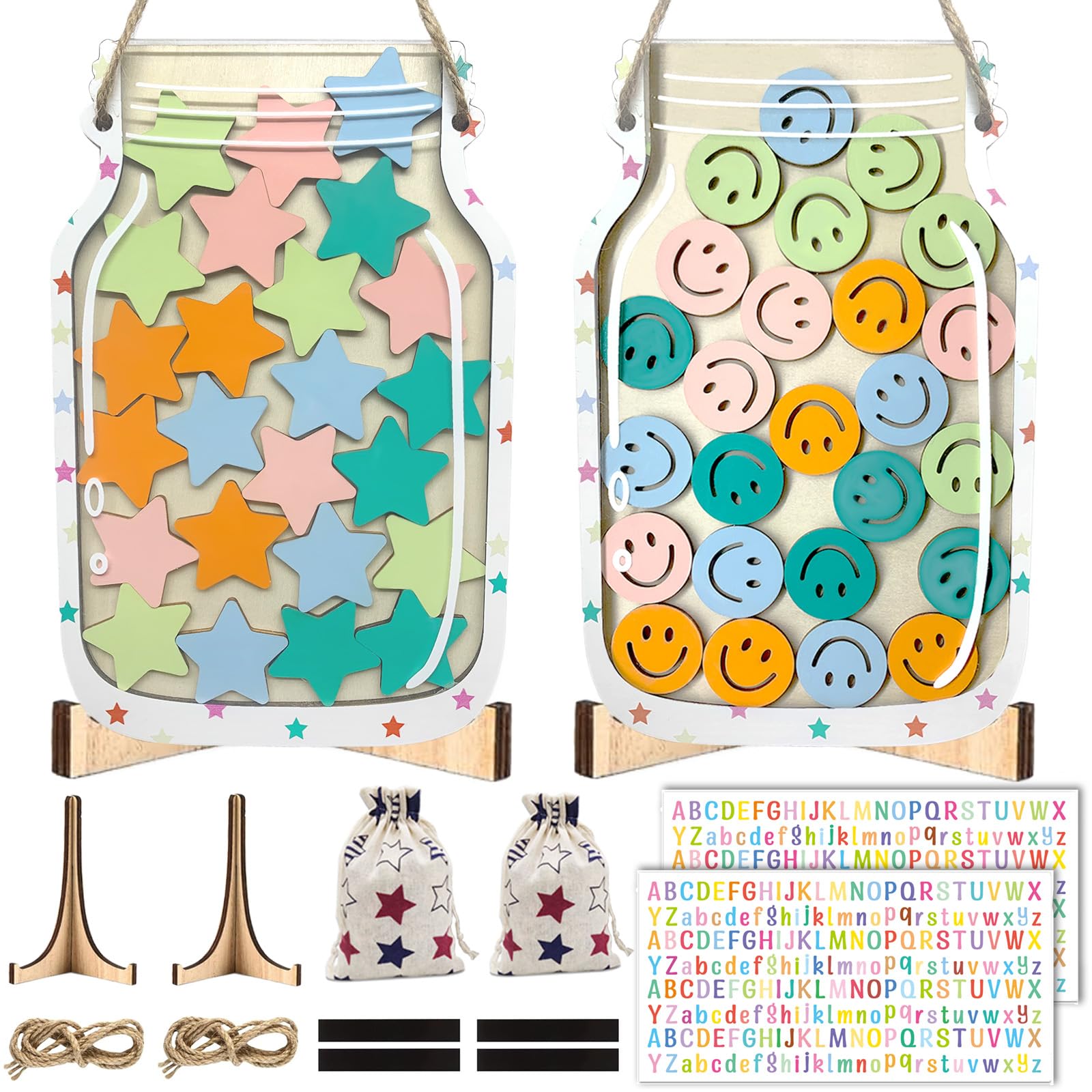 Rolzchoy 2 Pack Magnetic Reward Jar for Kids, Star and Smiley Face Reward Jar with Letter Sticker for Classroom Reward System, Toddler Potty Home Training, Incentive Behavior Management for Boy Girl
