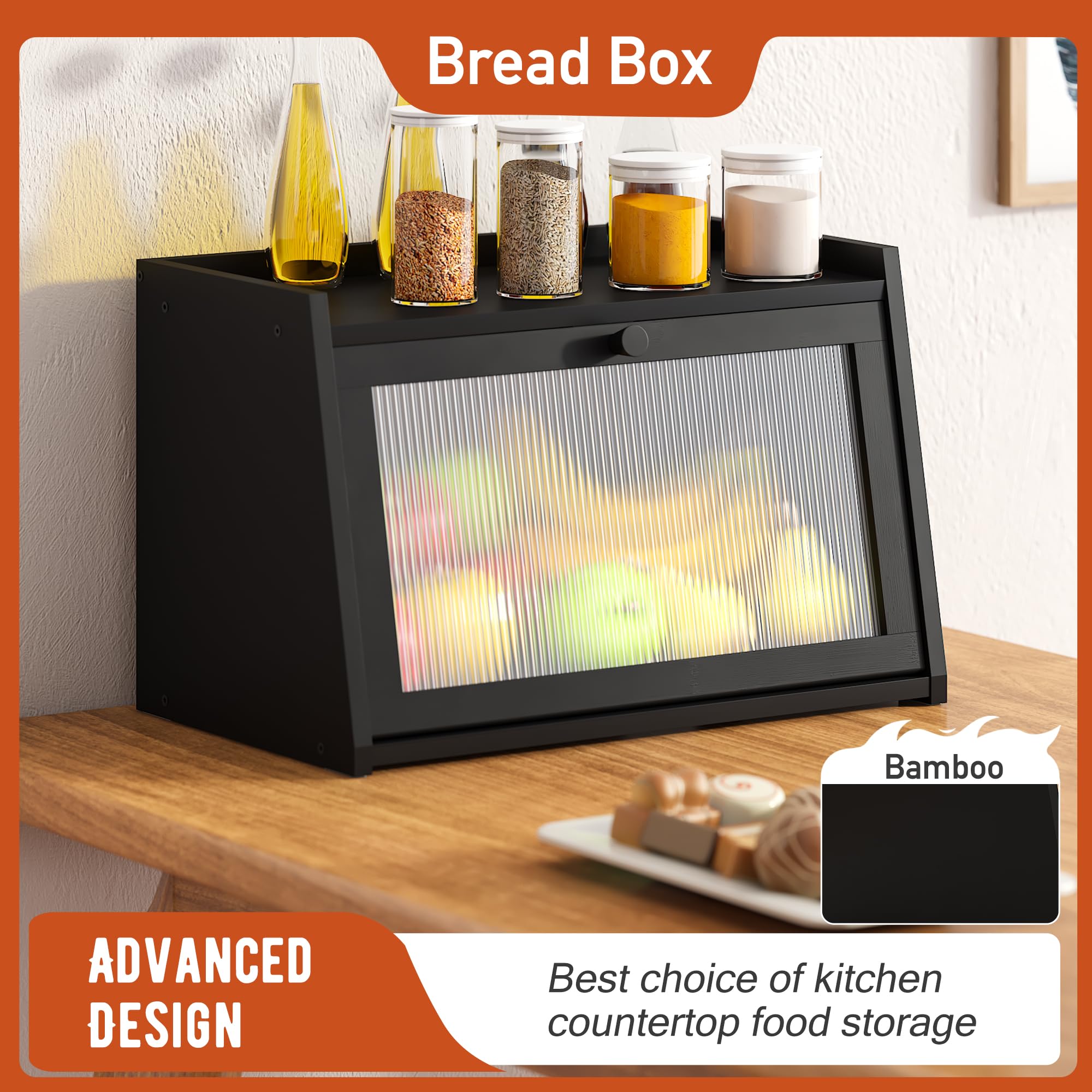 GHWIE Bread Box for Kitchen Counter, Countertop Storage Container with Window (Black)