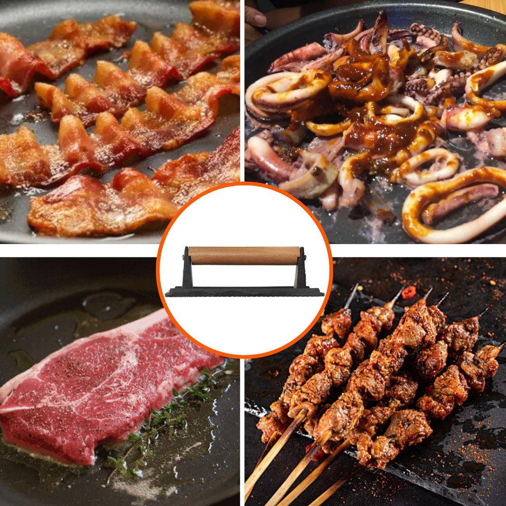 onlyfire Cast Iron Meat Press Grill Press with Wooden Handle, Great for Squeezing Fat from Meats, Flattening Bacon, Paninis, and Burgers