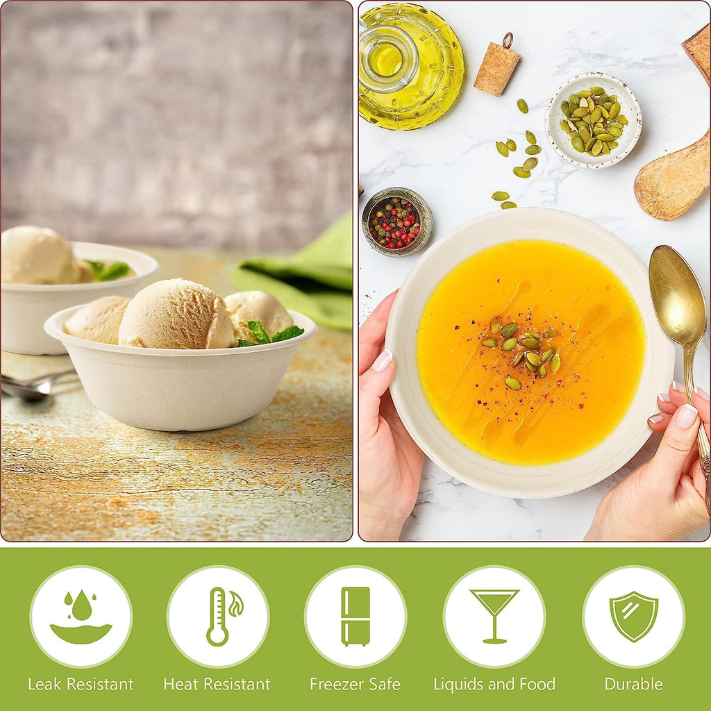 Paper Bowls, 12oz 125 Pack 100% Biodegradable Heavy Duty Disposable Bowls, Compostable Eco-Friendly Natural Sugarcane Bowl for Hot and Cold Food