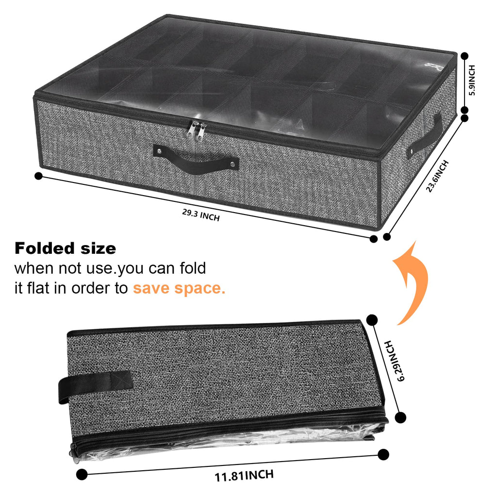 Under Bed Shoe Storage Organizer for Closet Fits 24 Pairs-Sturdy Underbed Shoe Containers Box Bedding Storage Organizador De Zapatos with Clear Cover,Set of 2, 29.3 x 23.6 x 5.9inch(Linen-like Black)