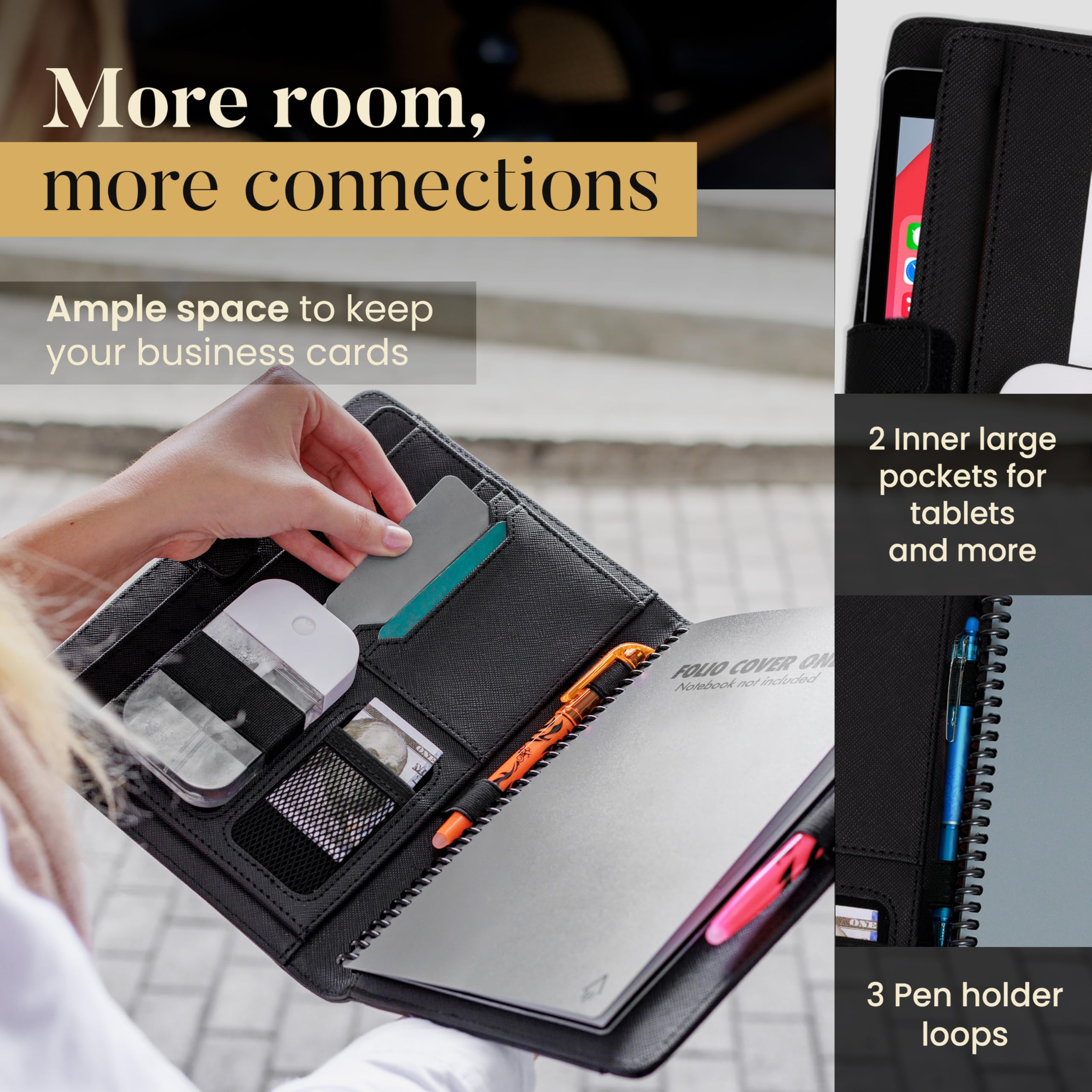 Premium Folio Cover Compatible with Rocketbook Everlast, Wave, Fusion, Panda, Smart Reusable Notebook - Executive Size A5 Portfolio Organizer Multiple Pockets & Sections Fits 6 x 8.8" Smart Notebook