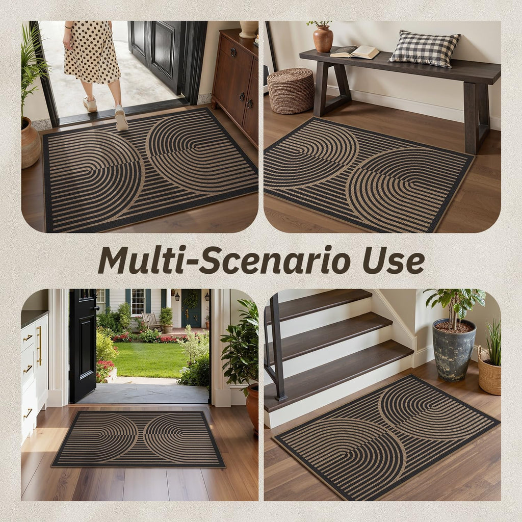 Front Door Mat Indoor Outdoor Mat for Entrance Mat Easy-Jute Entryway Mat-Mud Trapper Absorbent Low-Profile Fall Door Mats Entry Rug Arched Black 43x75cm