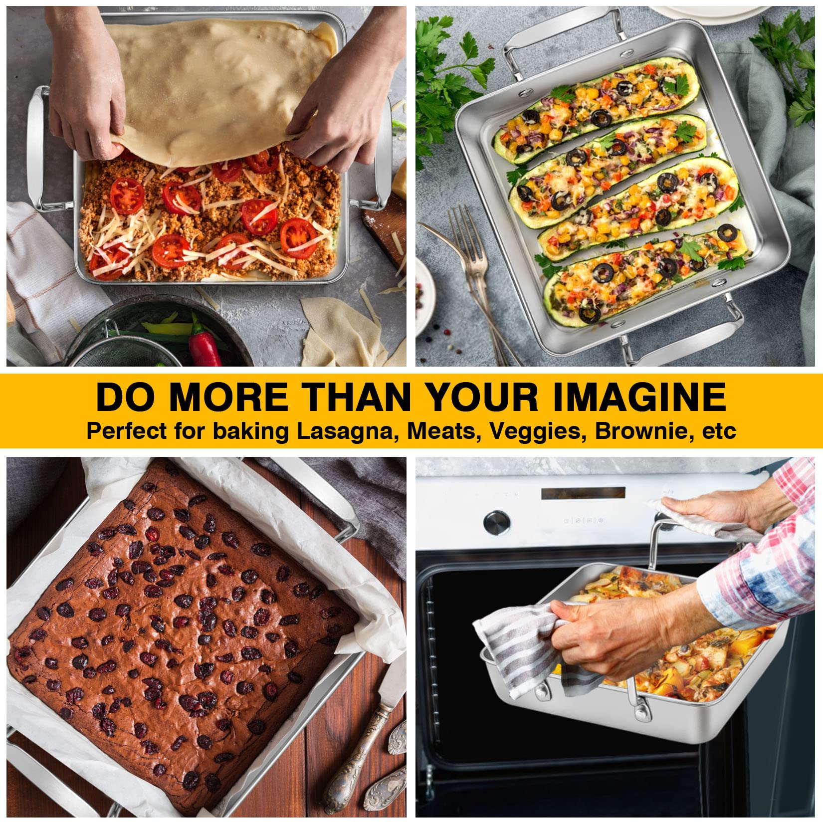 Roasting Pan with Rack, P&P CHEF Beer Can Chicken Roaster 9-inch Stainless Steel Baking pan with Vertical Rack, for Baking Grilling Smoker, Rivet Handle & Thick Wire, Heavy Duty & Dishwasher Safe