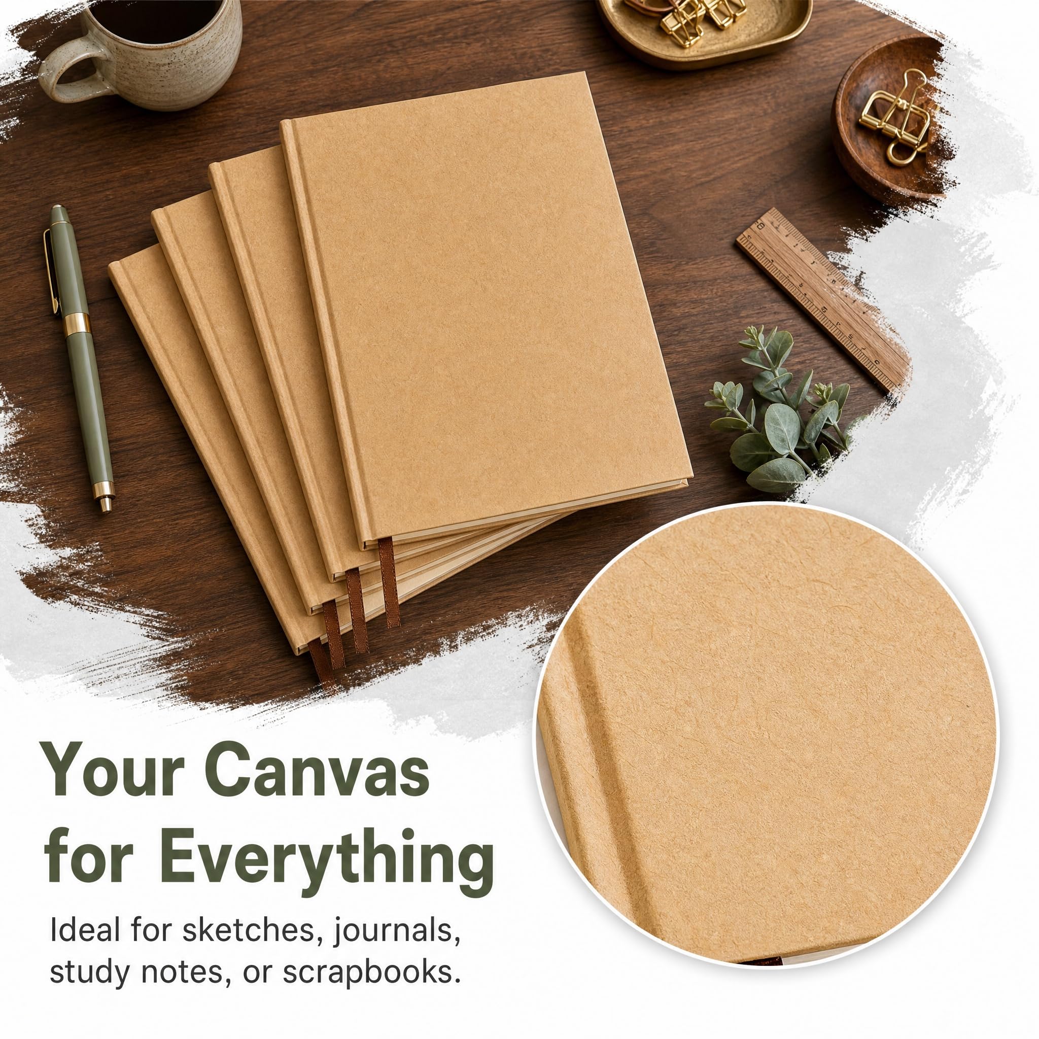 ZEAYEA 4 Pack A5 Blank Notebook Journal, 6 x 8.5 Inch Hardcover Notebook, 120 Sheets/ 240 Pages Per Book, 100gsm Thick Paper, Kraft Unlined Sketch Book for Student, Office, School and Journal Refills